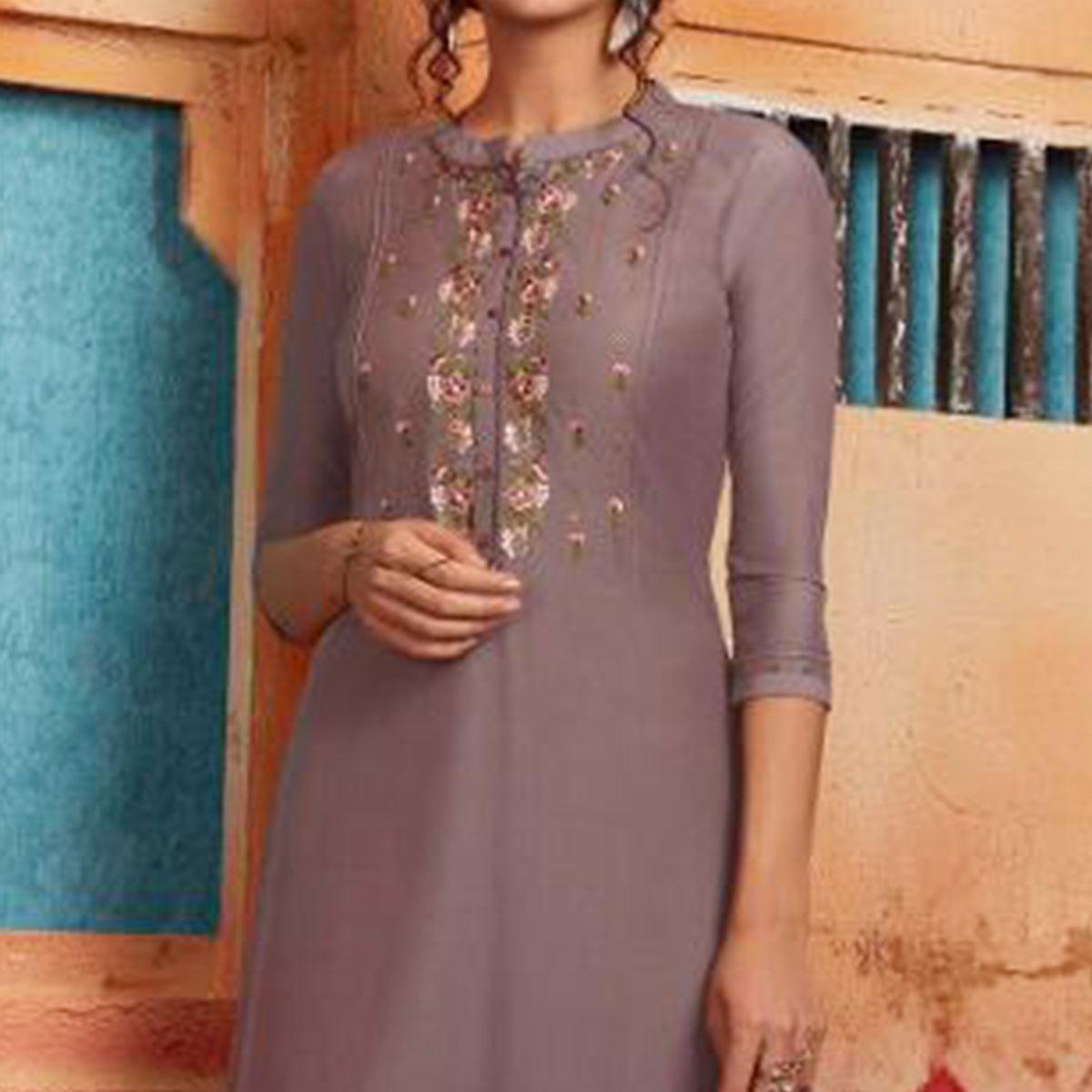Flamboyant Grey Colored Partywear Embroidered Pure Muslin-Silk Kurti-Palazzo Set - Peachmode