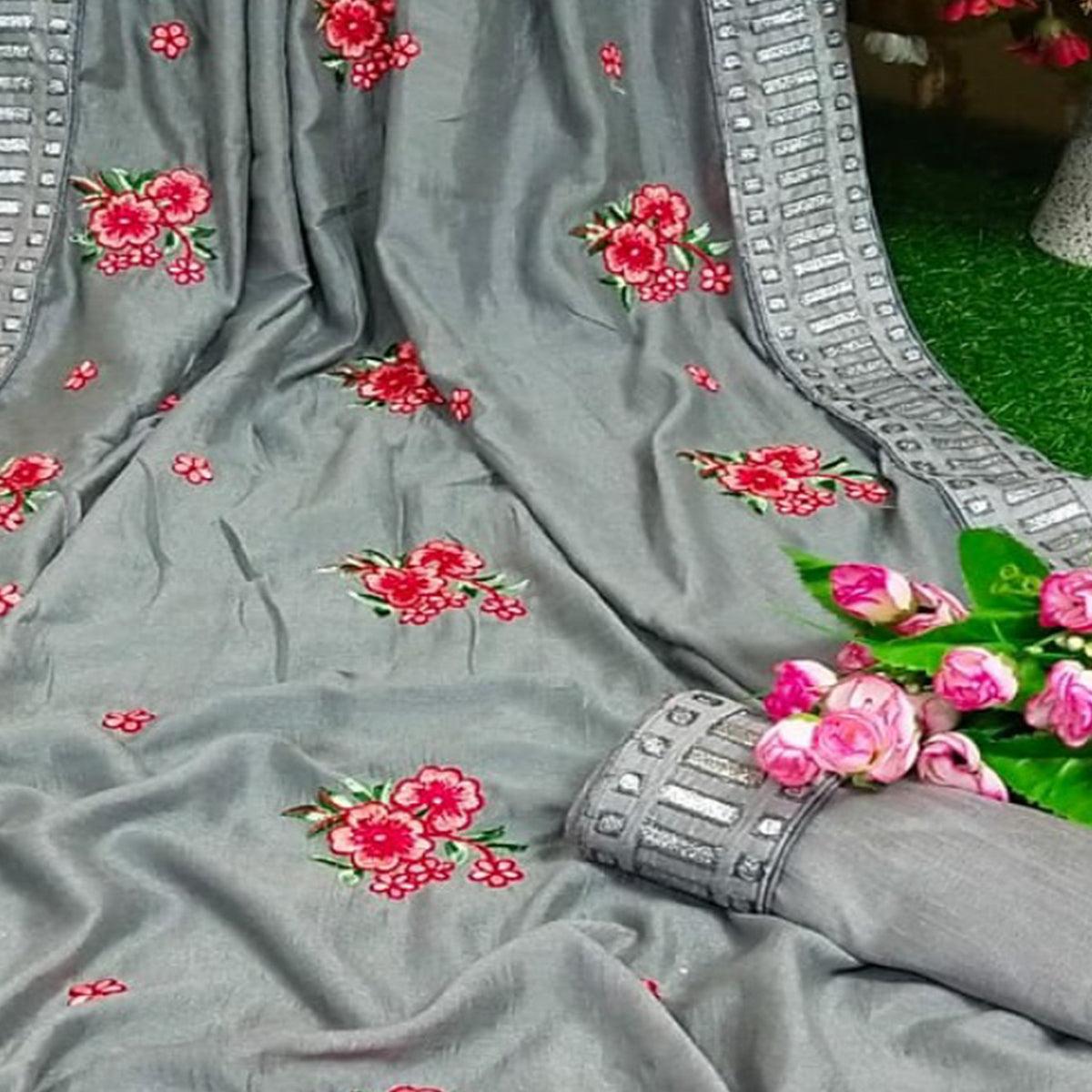Flamboyant Grey Colored Partywear Embroidered Pure Vichitra Silk Saree - Peachmode