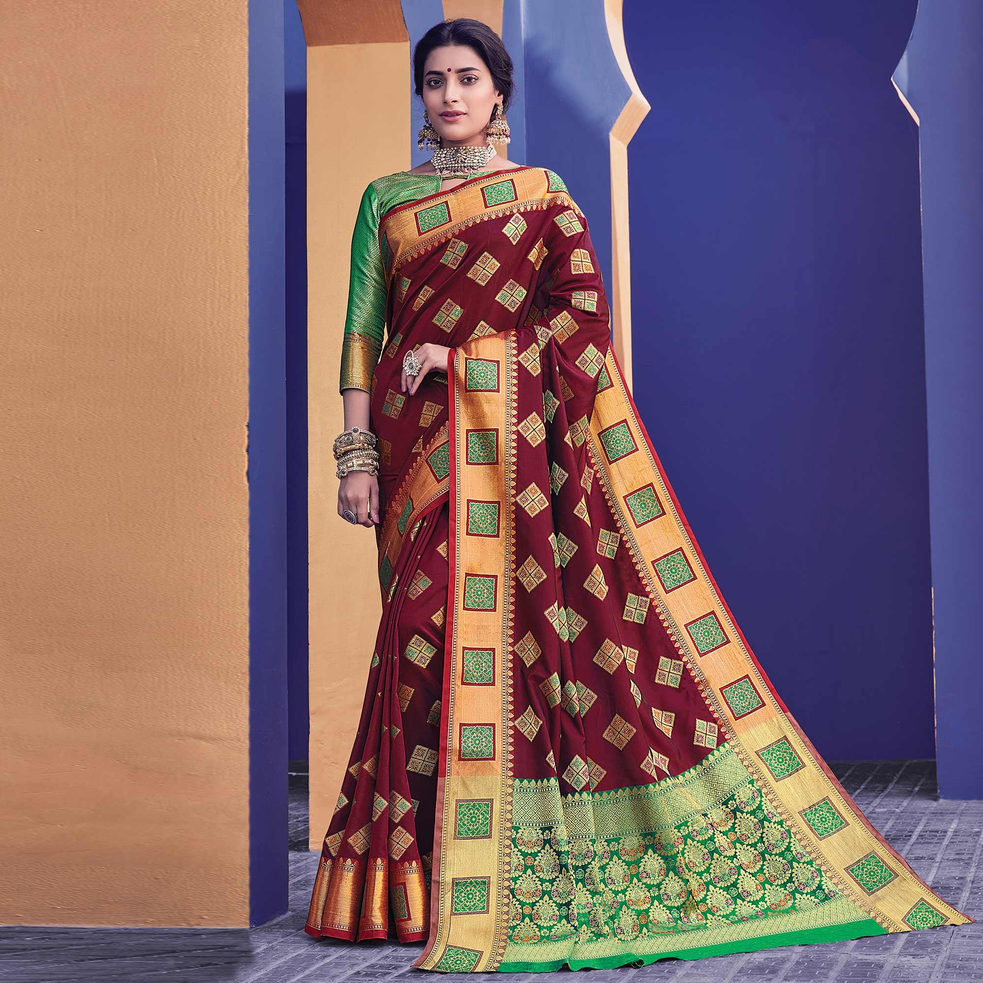 Flamboyant Maroon Colored Festive Wear Woven Heavy Banarasi Silk Saree - Peachmode