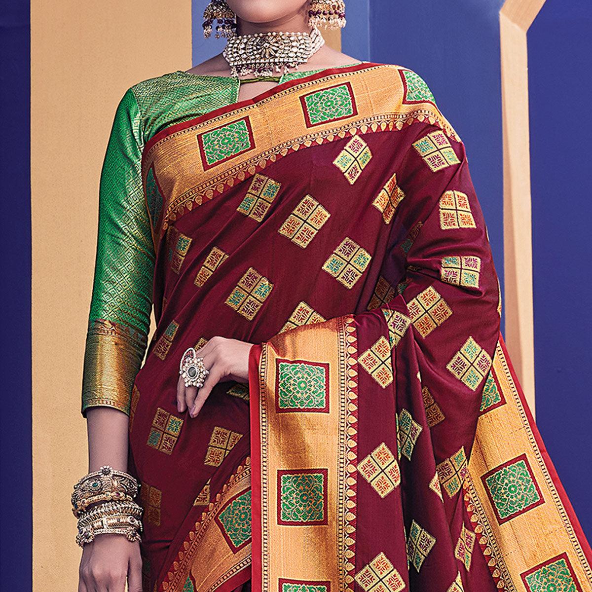 Flamboyant Maroon Colored Festive Wear Woven Heavy Banarasi Silk Saree - Peachmode
