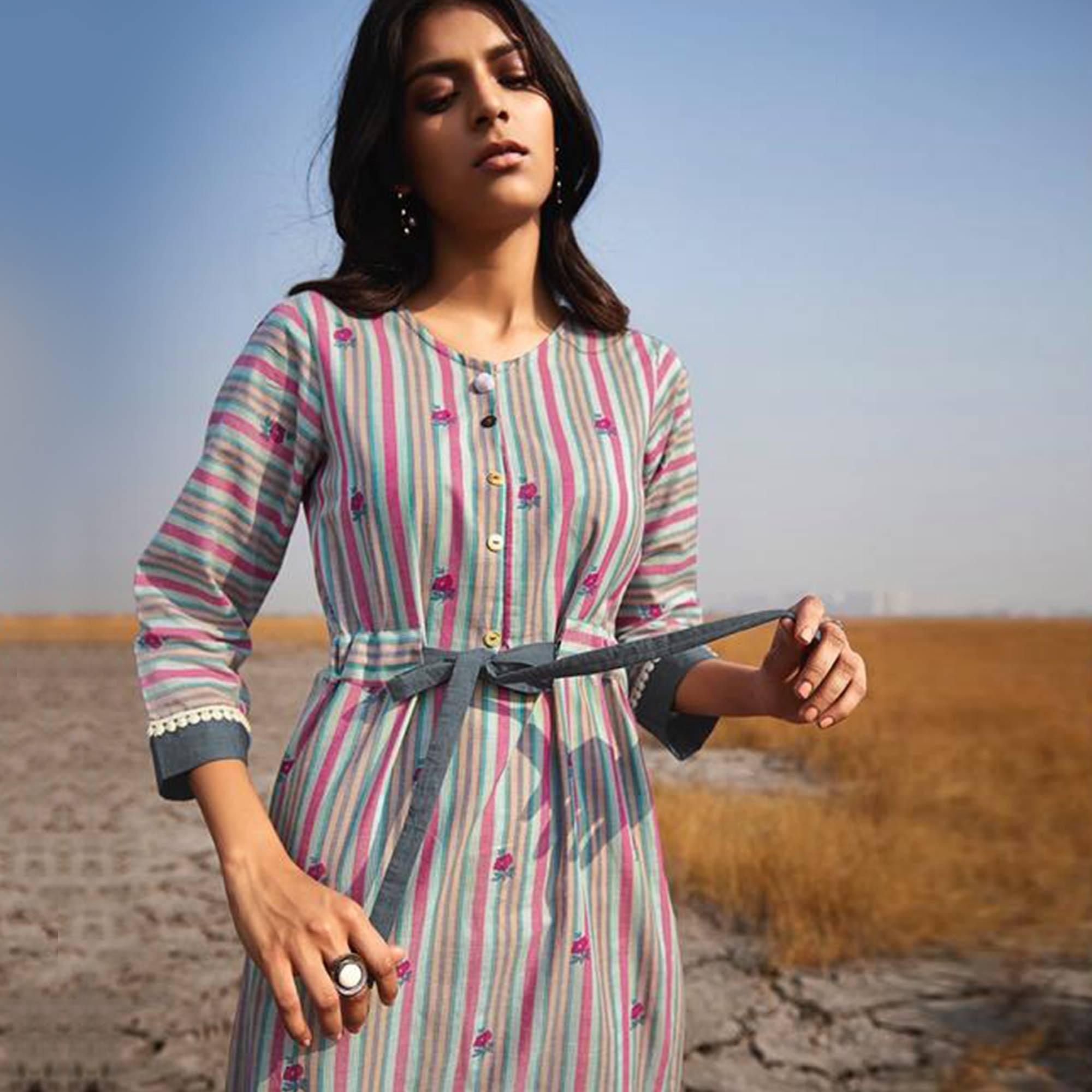 Flamboyant Multi Colored Casual Printed Cotton Kurti-Bottom Set - Peachmode