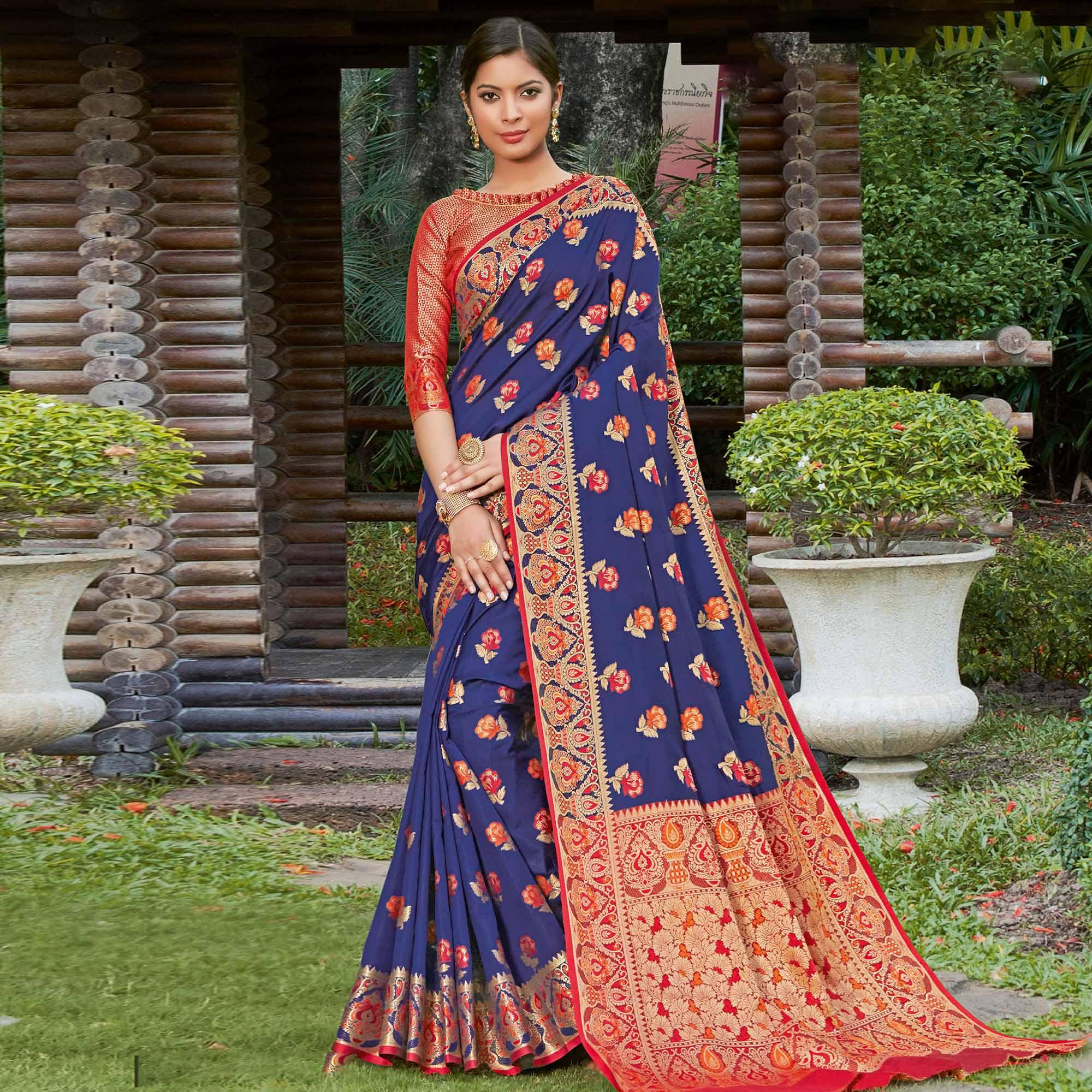 Flamboyant Navy Blue Colored Festive Wear Woven Heavy Banarasi Silk Sareee - Peachmode