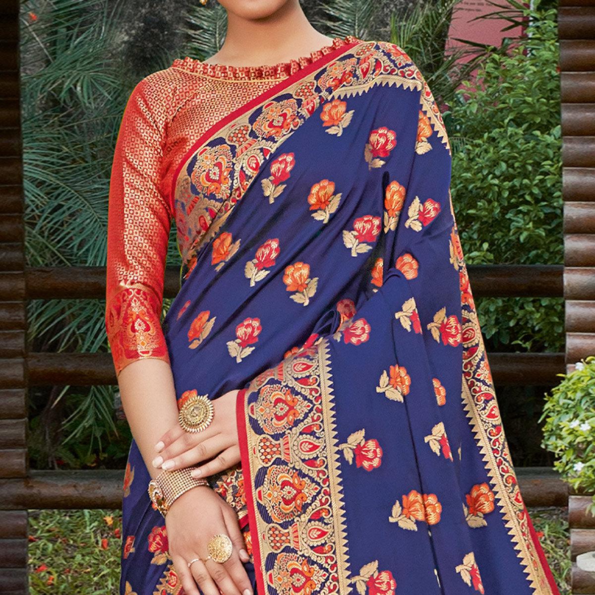 Flamboyant Navy Blue Colored Festive Wear Woven Heavy Banarasi Silk Sareee - Peachmode
