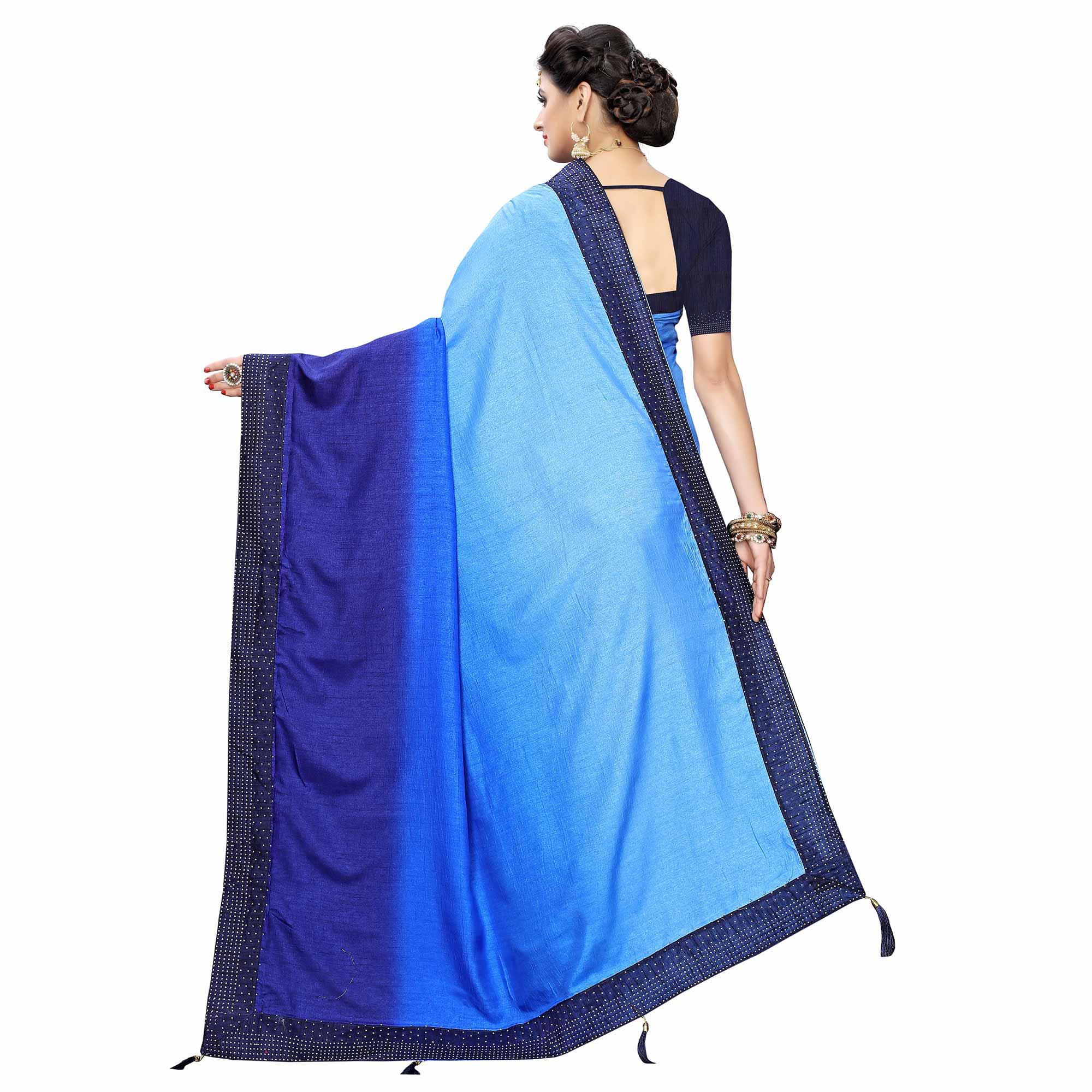 Flamboyant Navy Blue Colored Partywear Stone Work Sana Silk Saree - Peachmode