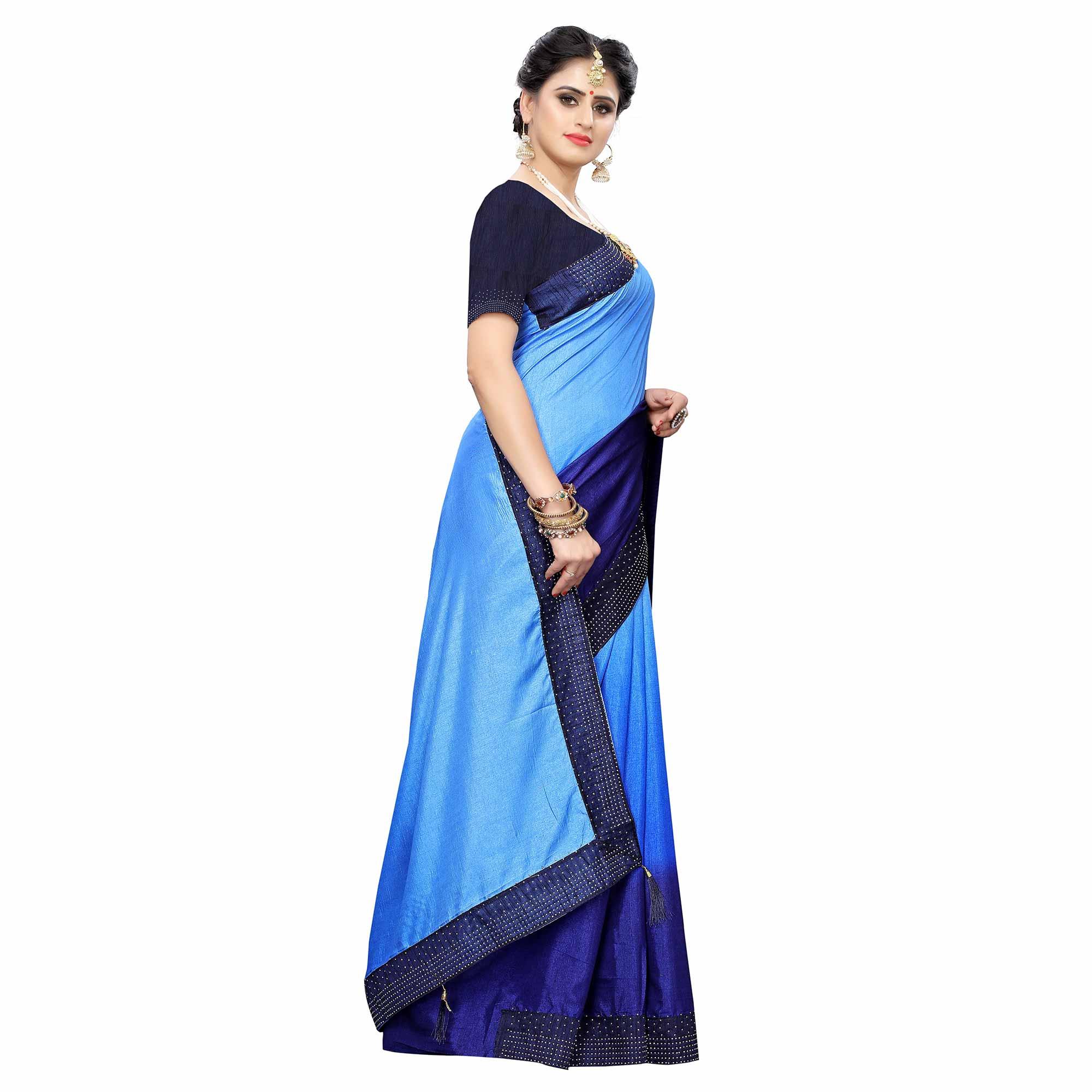 Flamboyant Navy Blue Colored Partywear Stone Work Sana Silk Saree - Peachmode