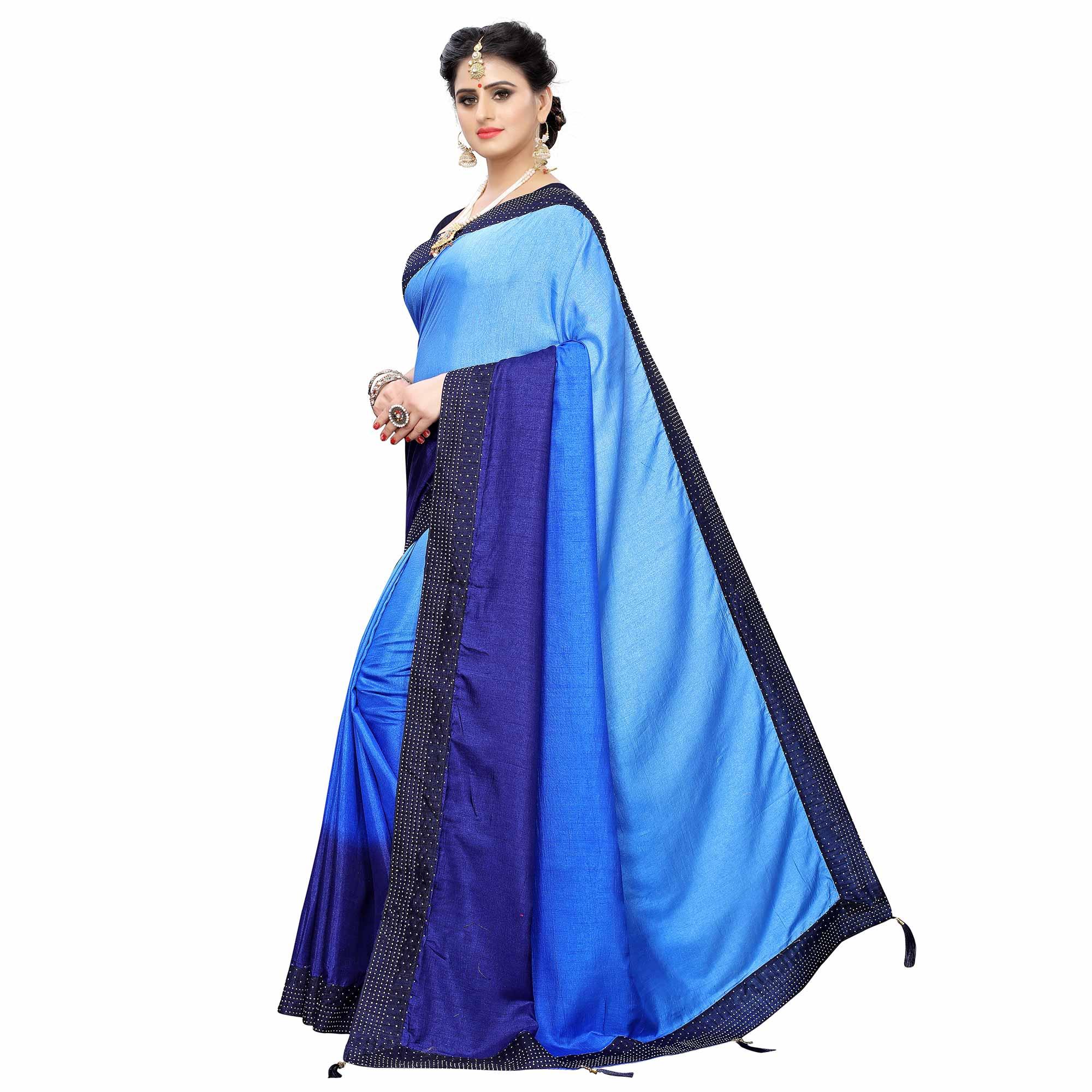 Flamboyant Navy Blue Colored Partywear Stone Work Sana Silk Saree - Peachmode