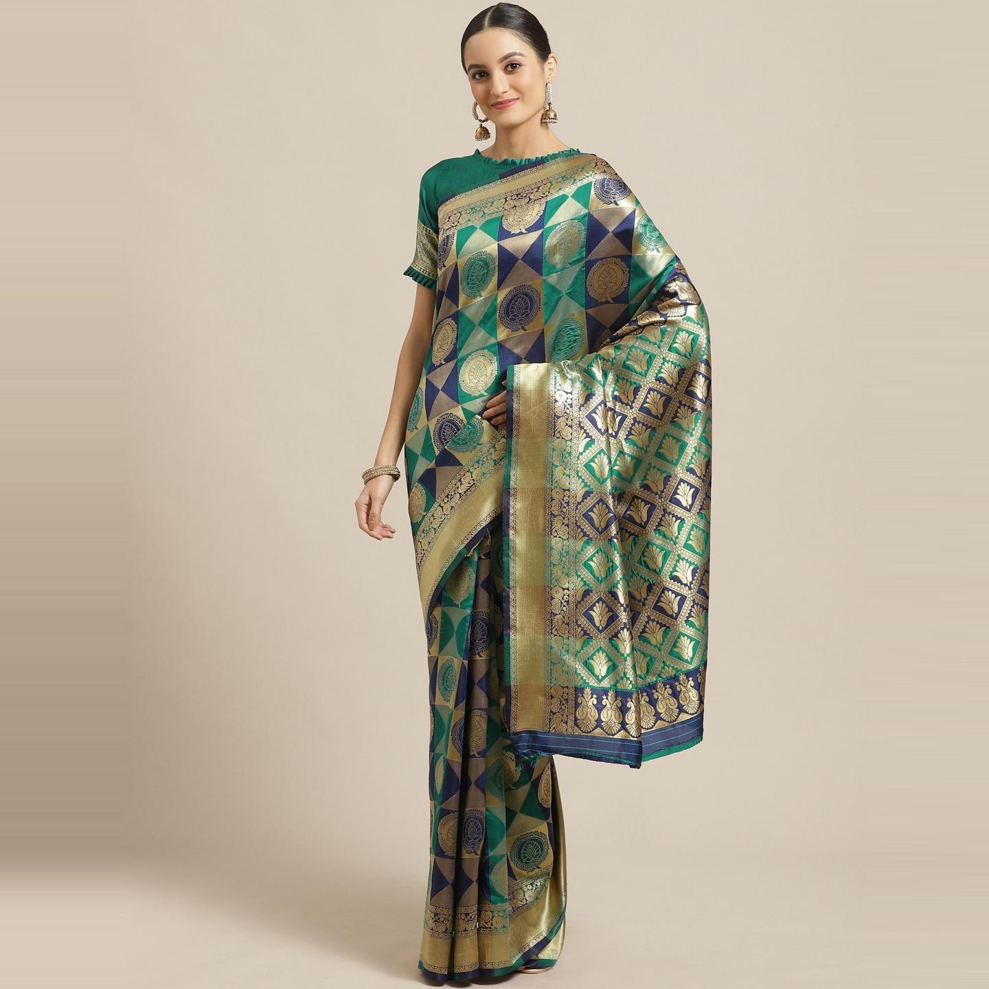 Flamboyant Navy Blue - Teal Green Colored Festive Wear Woven Silk Blend Saree - Peachmode
