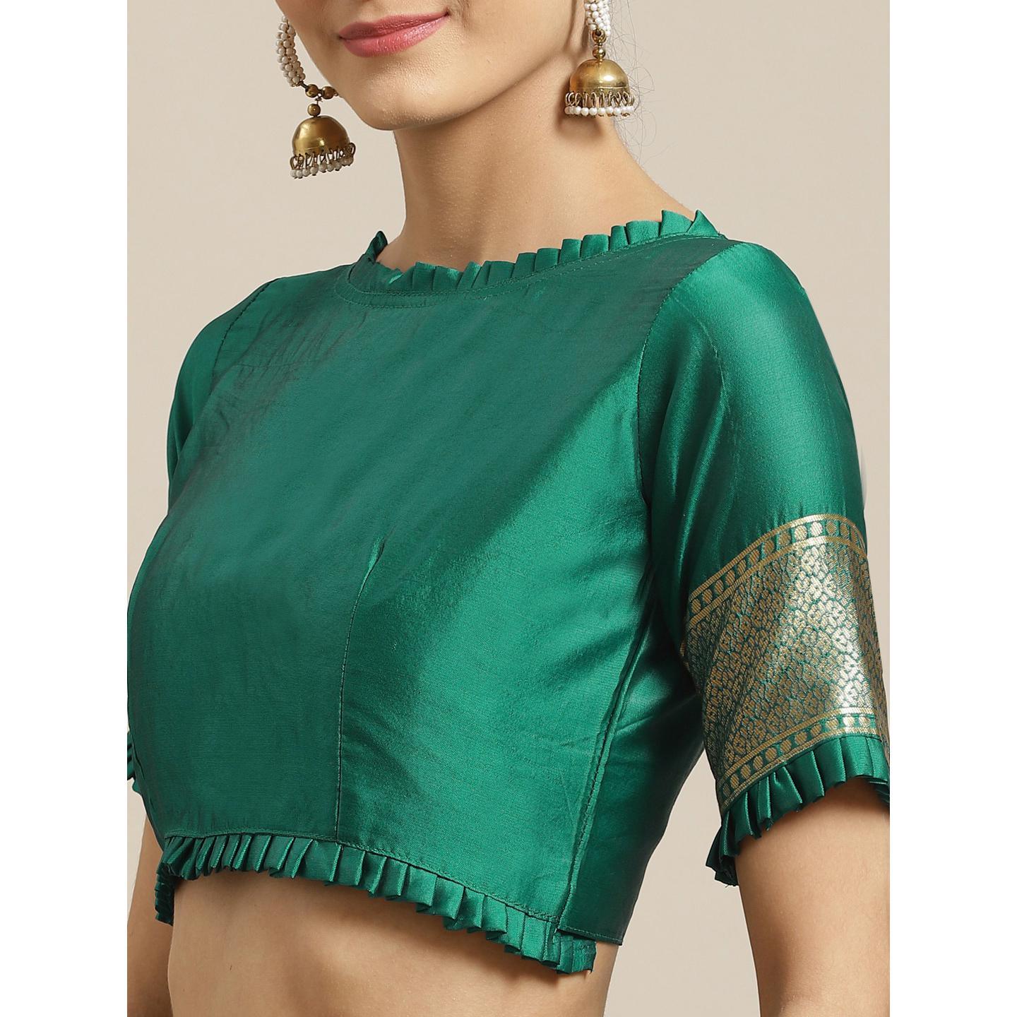 Flamboyant Navy Blue - Teal Green Colored Festive Wear Woven Silk Blend Saree - Peachmode