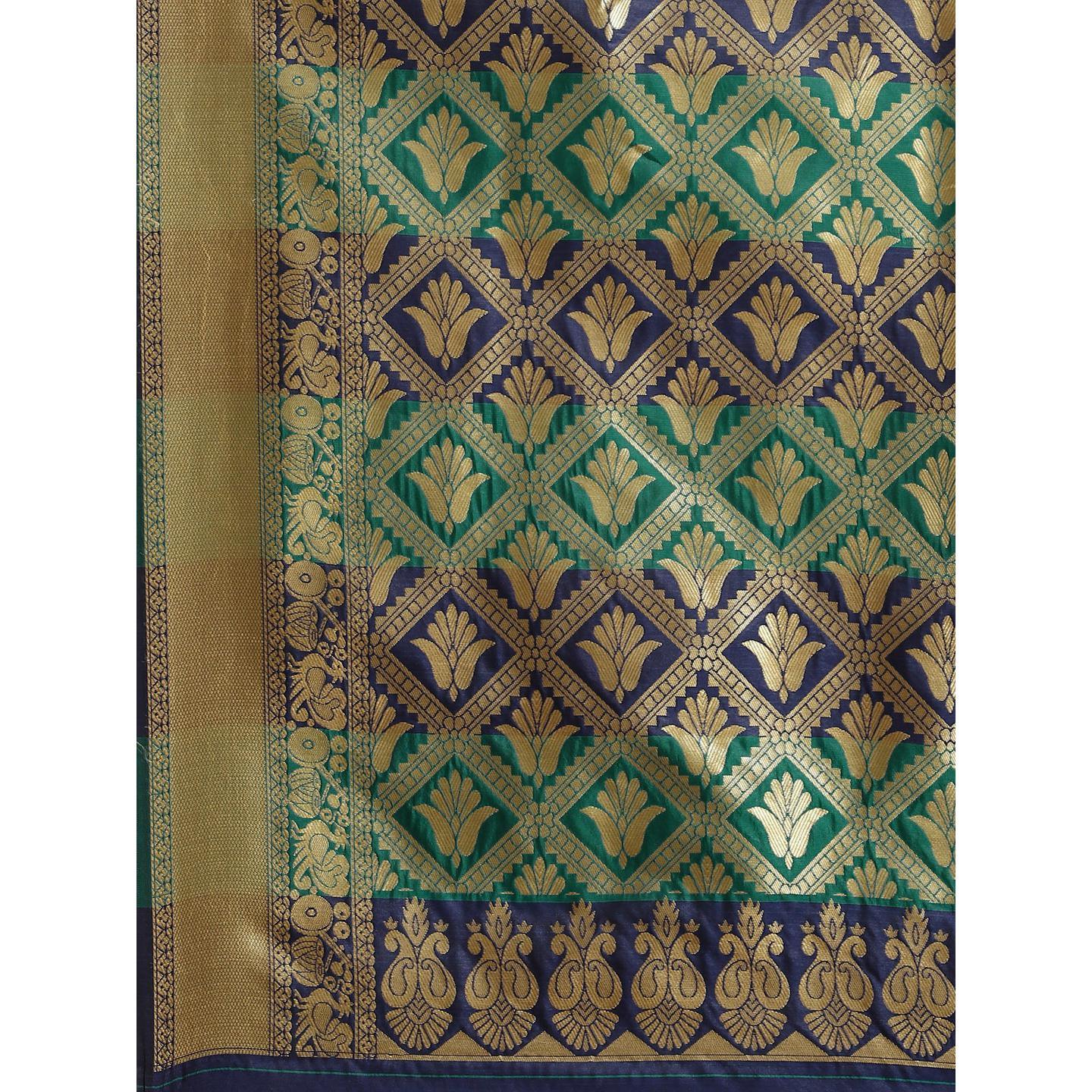 Flamboyant Navy Blue - Teal Green Colored Festive Wear Woven Silk Blend Saree - Peachmode