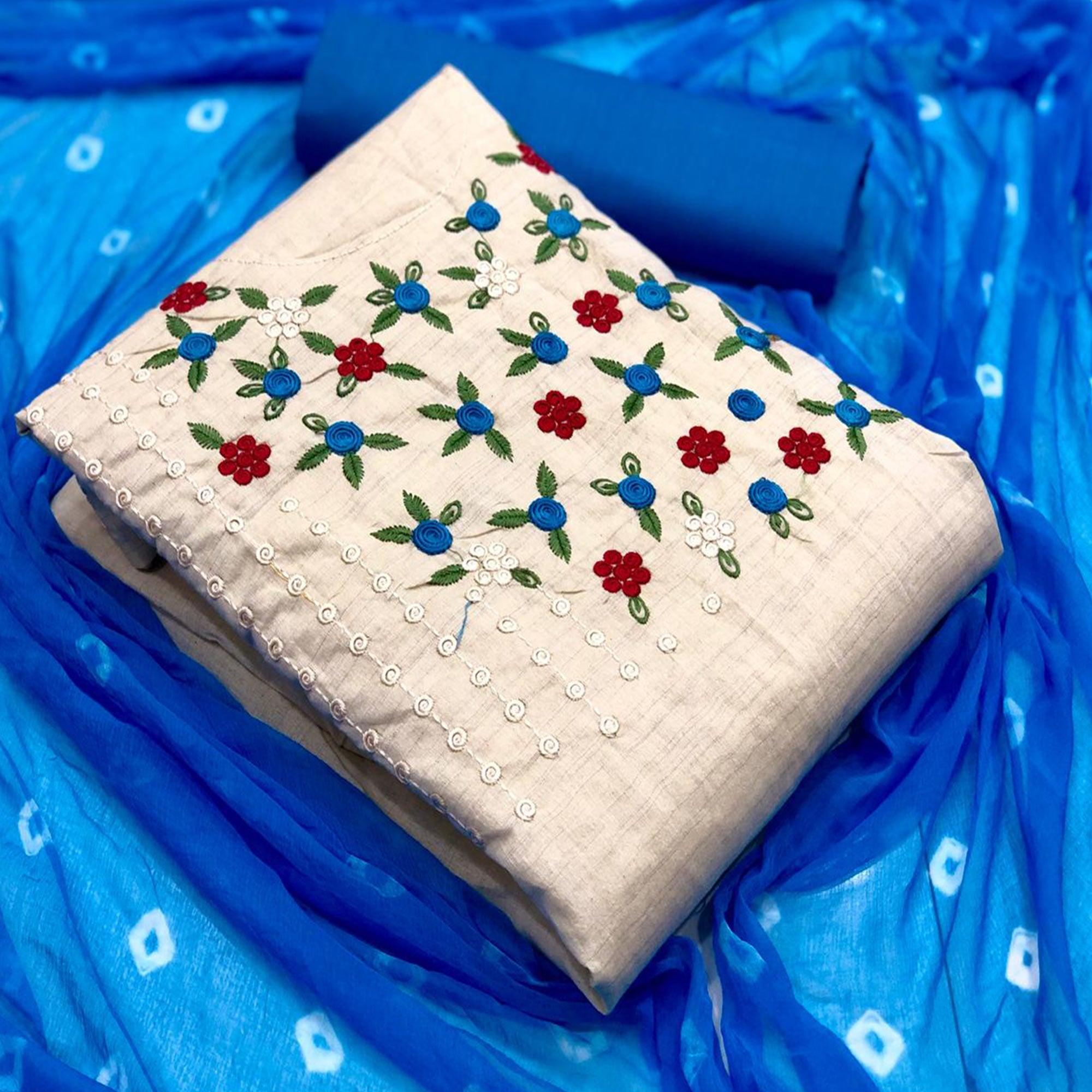 Flamboyant Offwhite - Blue Colored Casual Wear Embroidered Cotton Dress Material - Peachmode