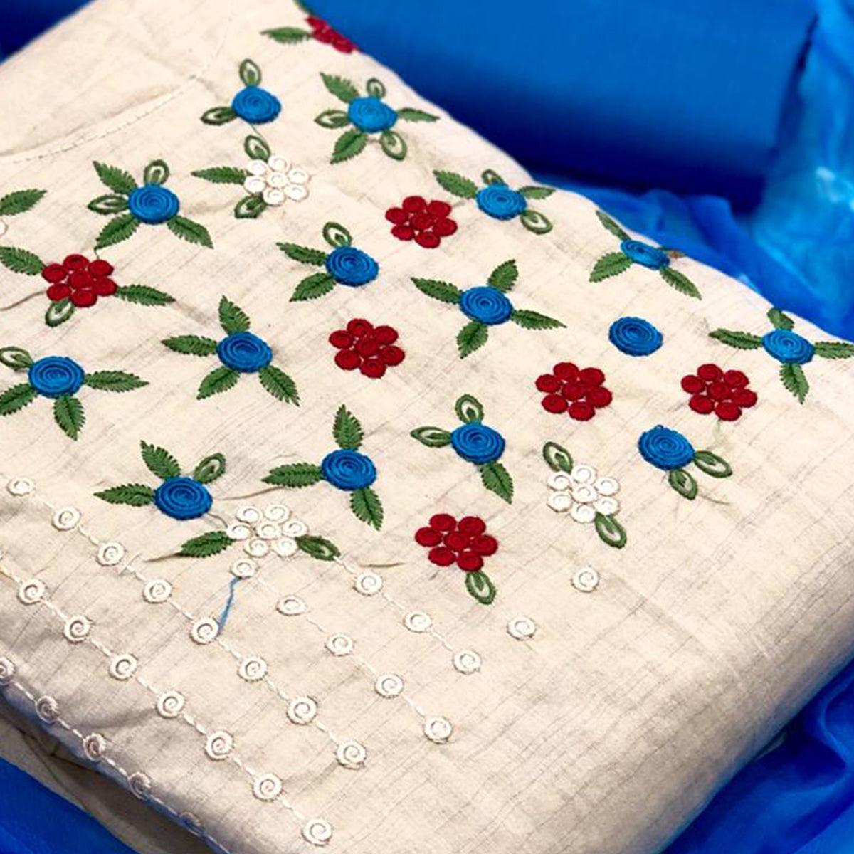 Flamboyant Offwhite - Blue Colored Casual Wear Embroidered Cotton Dress Material - Peachmode