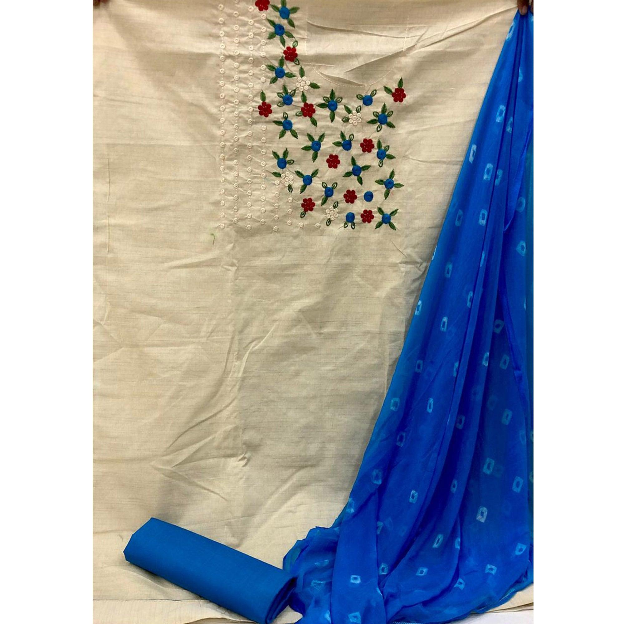 Flamboyant Offwhite - Blue Colored Casual Wear Embroidered Cotton Dress Material - Peachmode