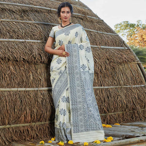 Flamboyant Offwhite Colored Festive Wear Woven Banarasi Silk Saree - Peachmode