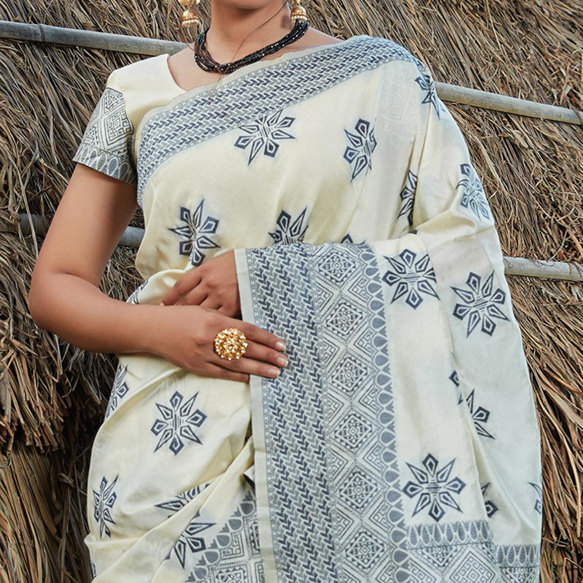 Flamboyant Offwhite Colored Festive Wear Woven Banarasi Silk Saree - Peachmode