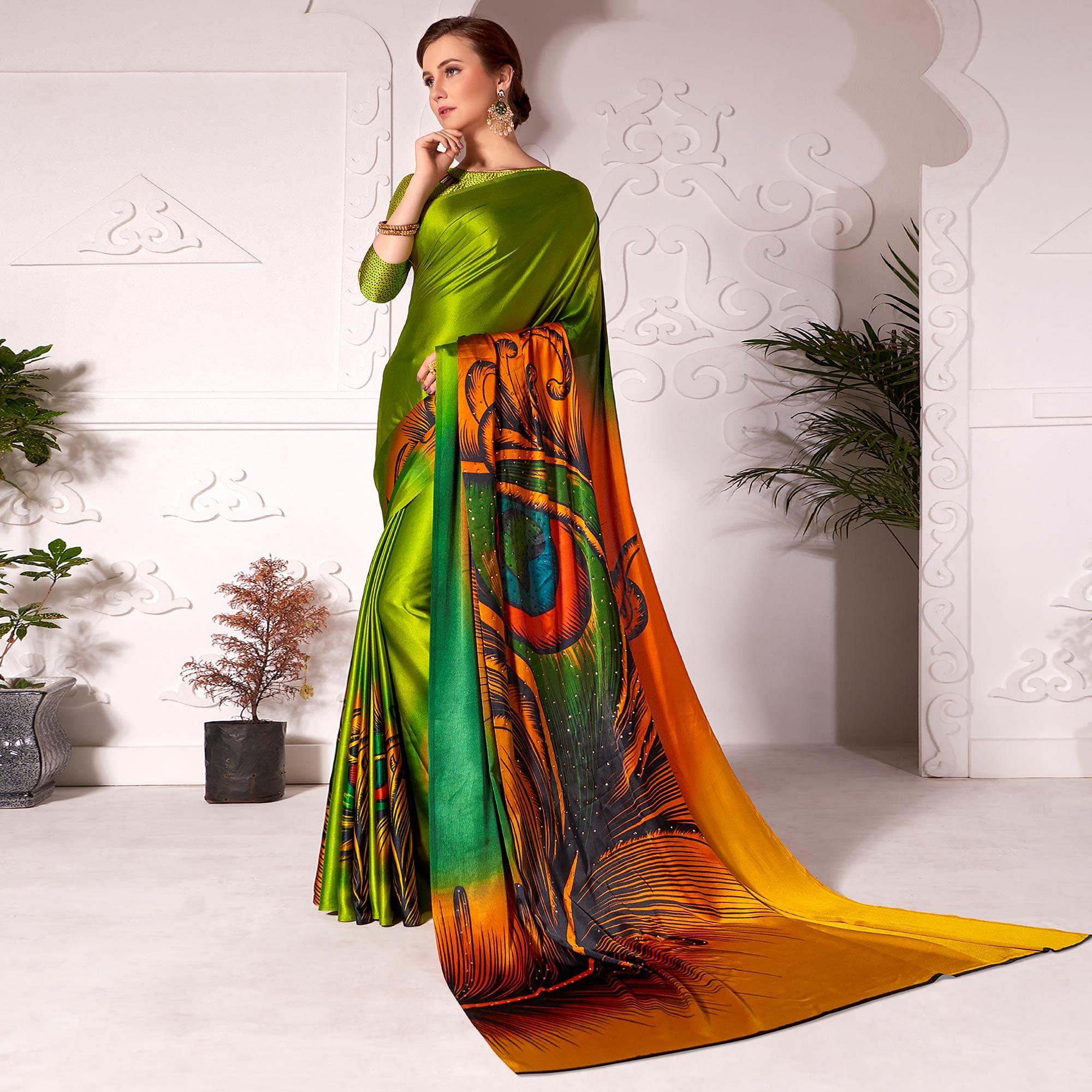 Flamboyant Olive Green Colored Partywear Peacock Feather Printed Satin Saree - Peachmode