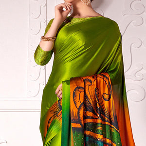 Flamboyant Olive Green Colored Partywear Peacock Feather Printed Satin Saree - Peachmode