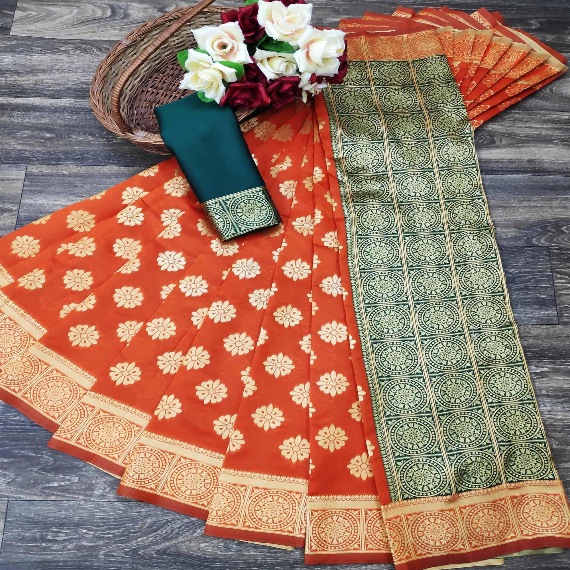 Flamboyant Orange Colored Festive Wear Woven Jacquard Saree - Peachmode