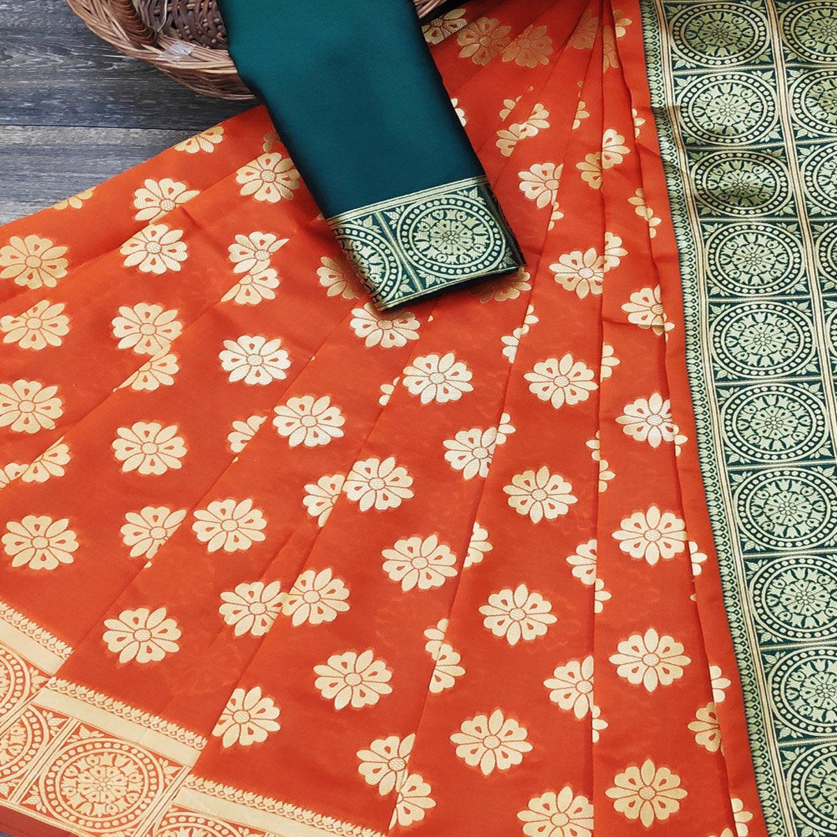 Flamboyant Orange Colored Festive Wear Woven Jacquard Saree - Peachmode