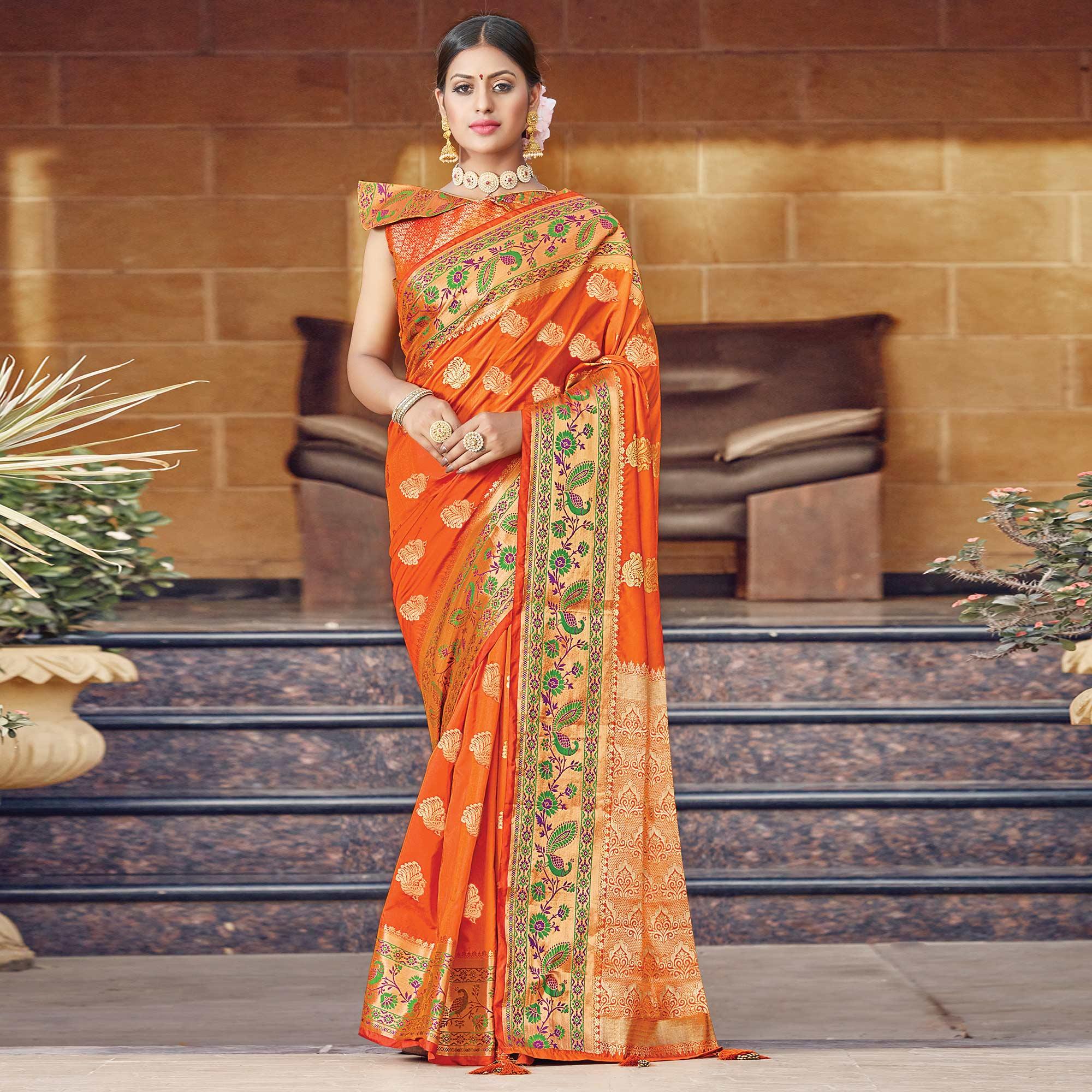 Flamboyant Orange Colored Festive Wear Woven Silk Saree - Peachmode
