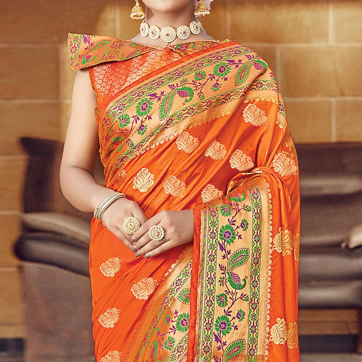 Flamboyant Orange Colored Festive Wear Woven Silk Saree - Peachmode