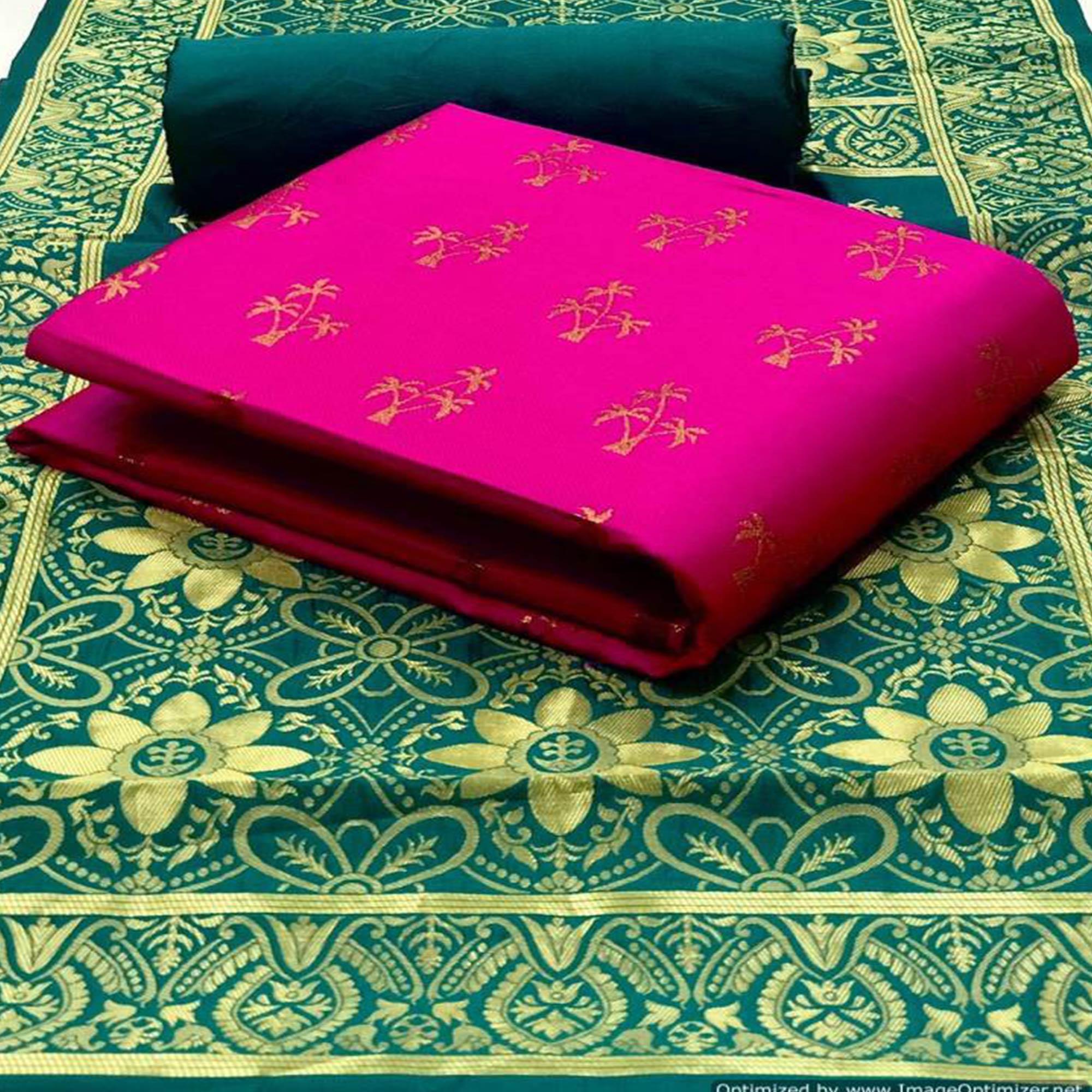 Flamboyant Pink Colored Casual Wear Banarasi Silk Dress Material - Peachmode