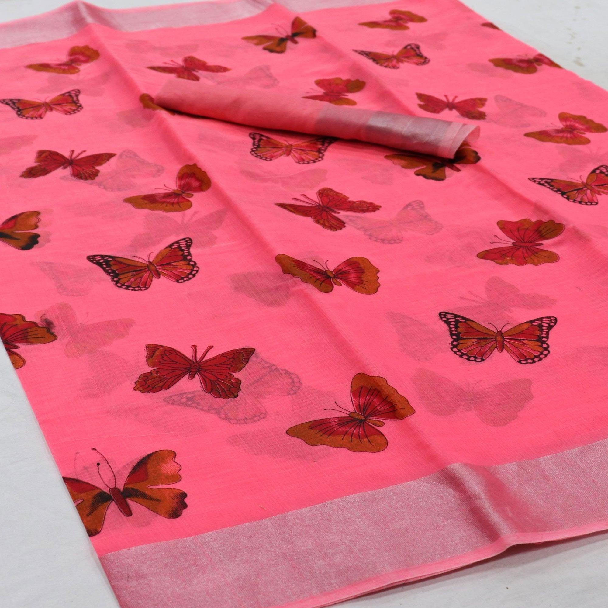 Flamboyant Pink Colored Casual Wear Butterfly Block Printed Cotton Linen Saree - Peachmode