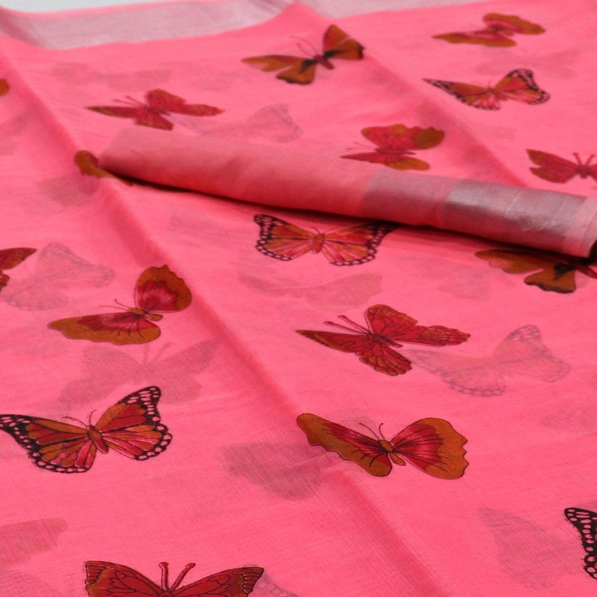 Flamboyant Pink Colored Casual Wear Butterfly Block Printed Cotton Linen Saree - Peachmode