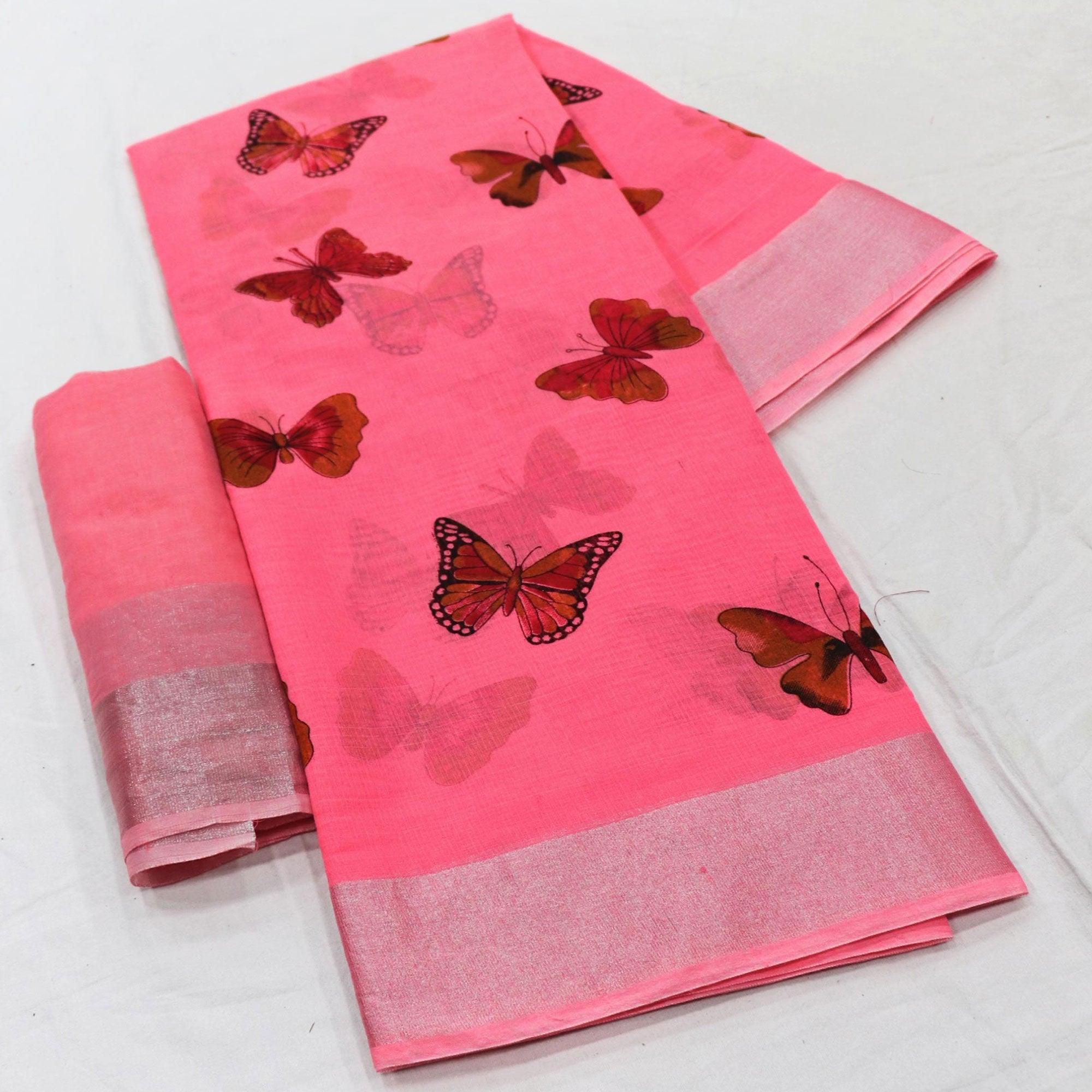Flamboyant Pink Colored Casual Wear Butterfly Block Printed Cotton Linen Saree - Peachmode