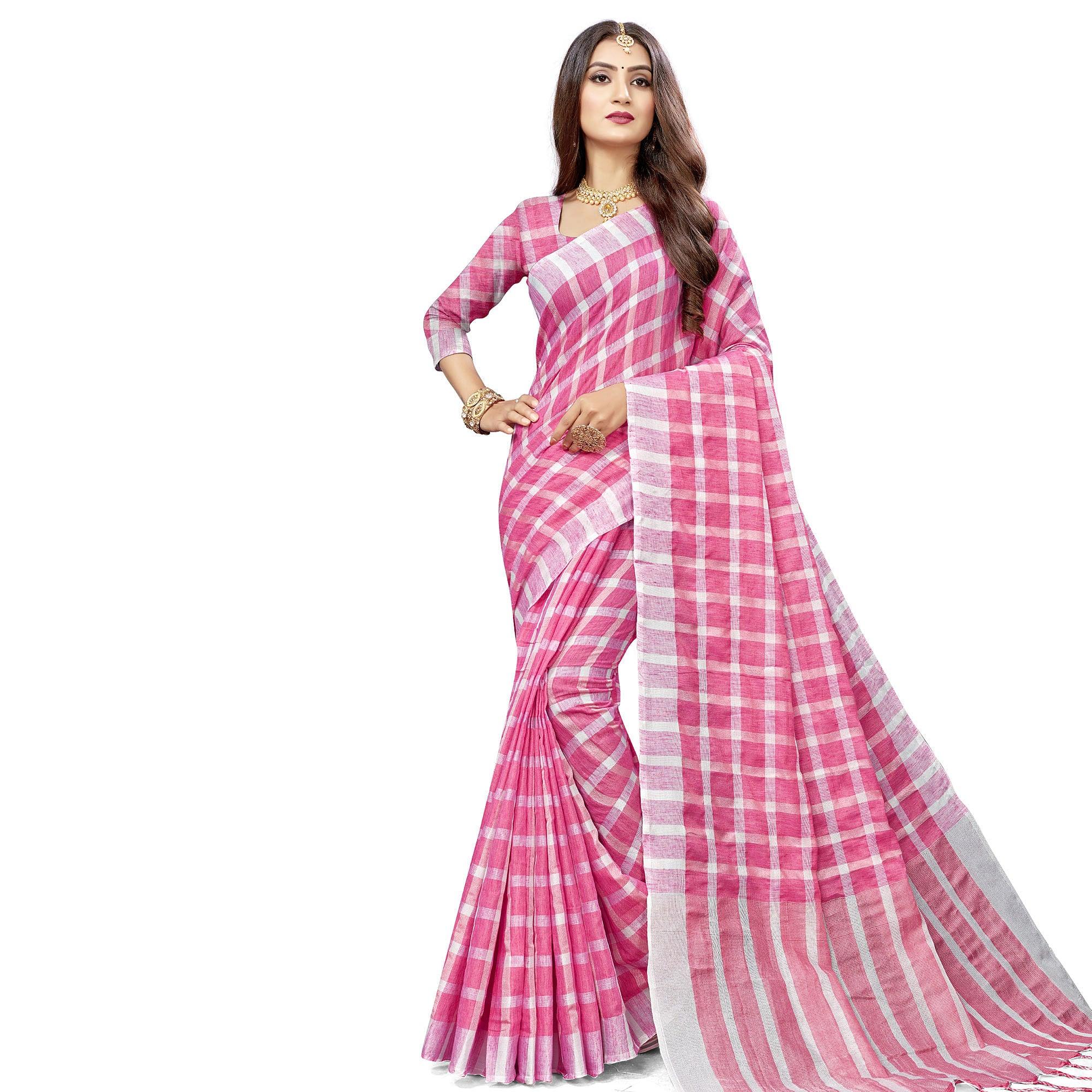 Flamboyant Pink Colored Fesive Wear Checks Print Cotton Silk Saree With Tassels - Peachmode