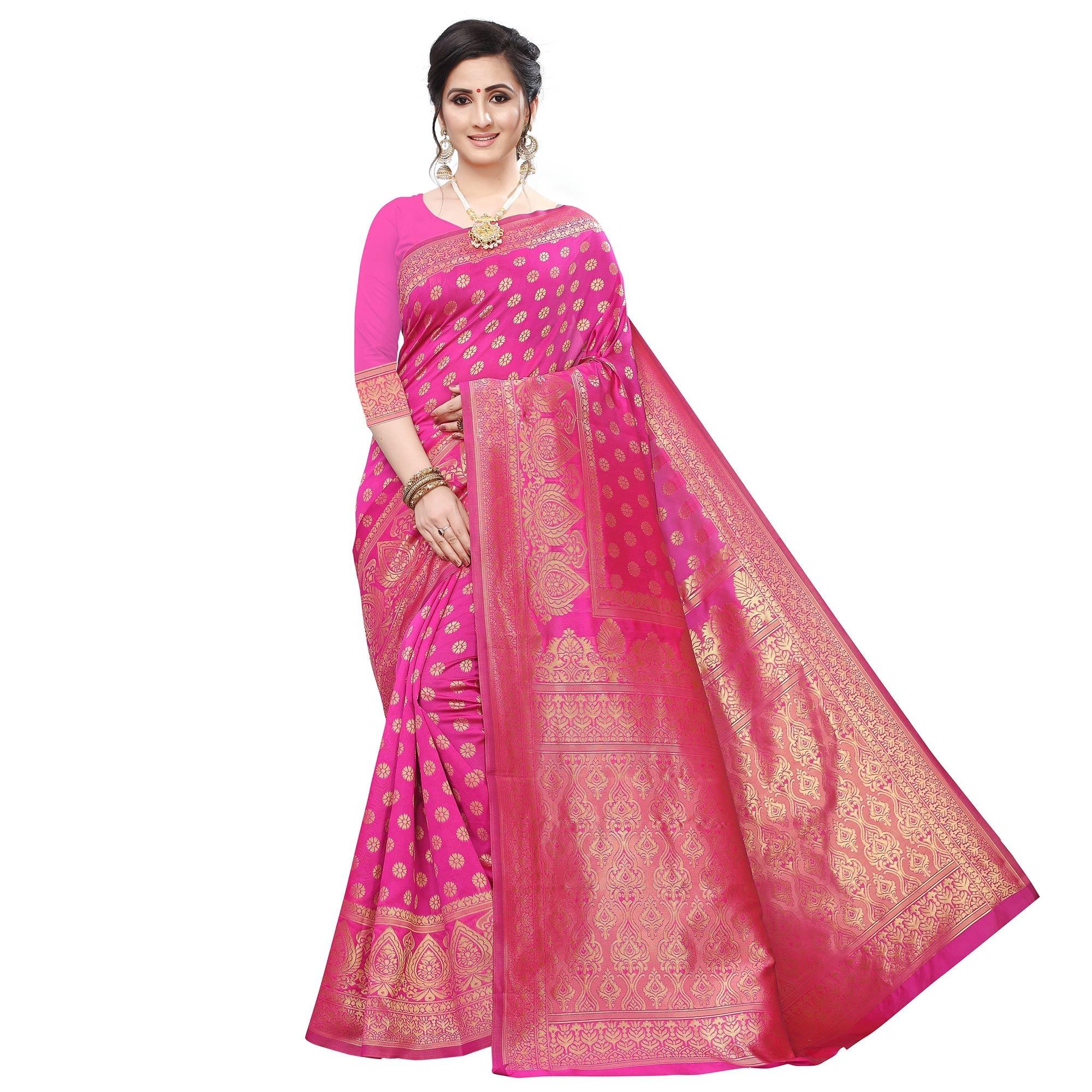 Flamboyant Pink Colored Festive Wear Woven Art Silk Saree - Peachmode