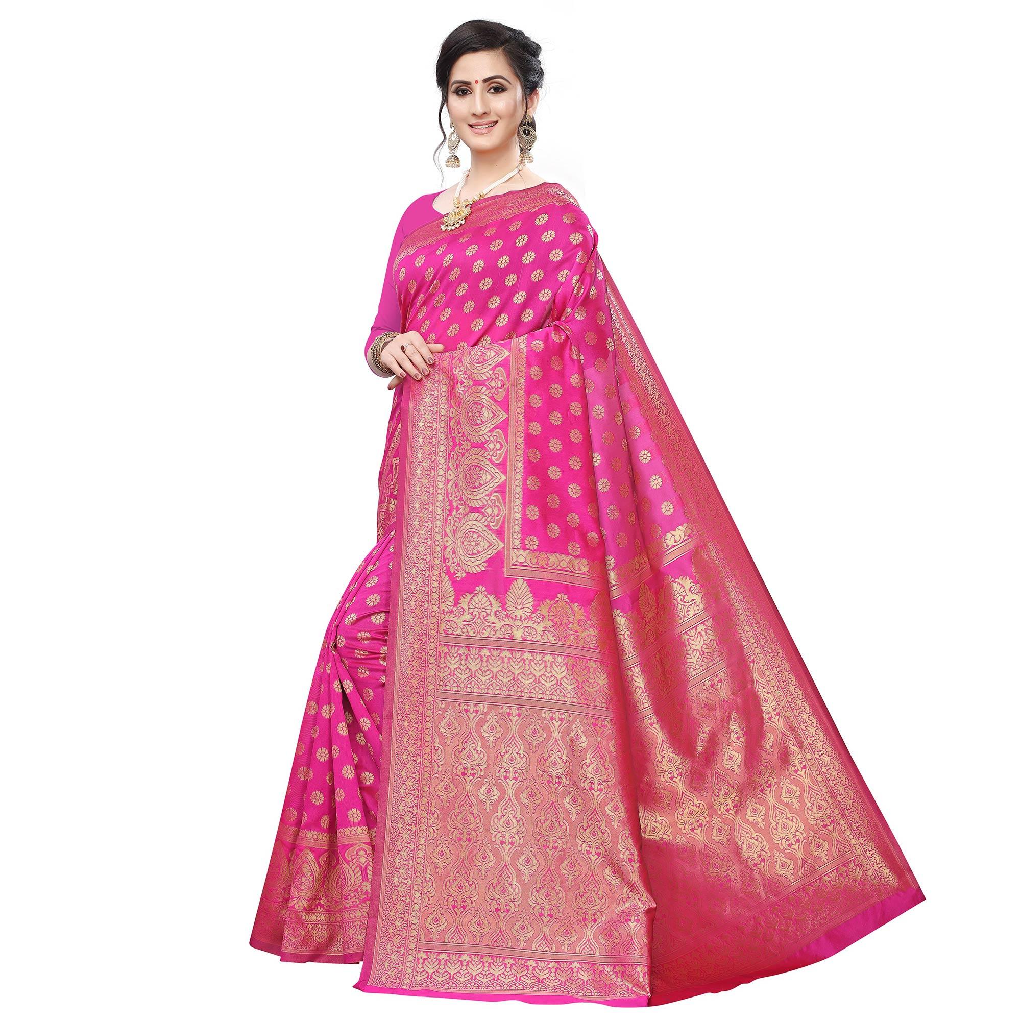 Flamboyant Pink Colored Festive Wear Woven Art Silk Saree - Peachmode