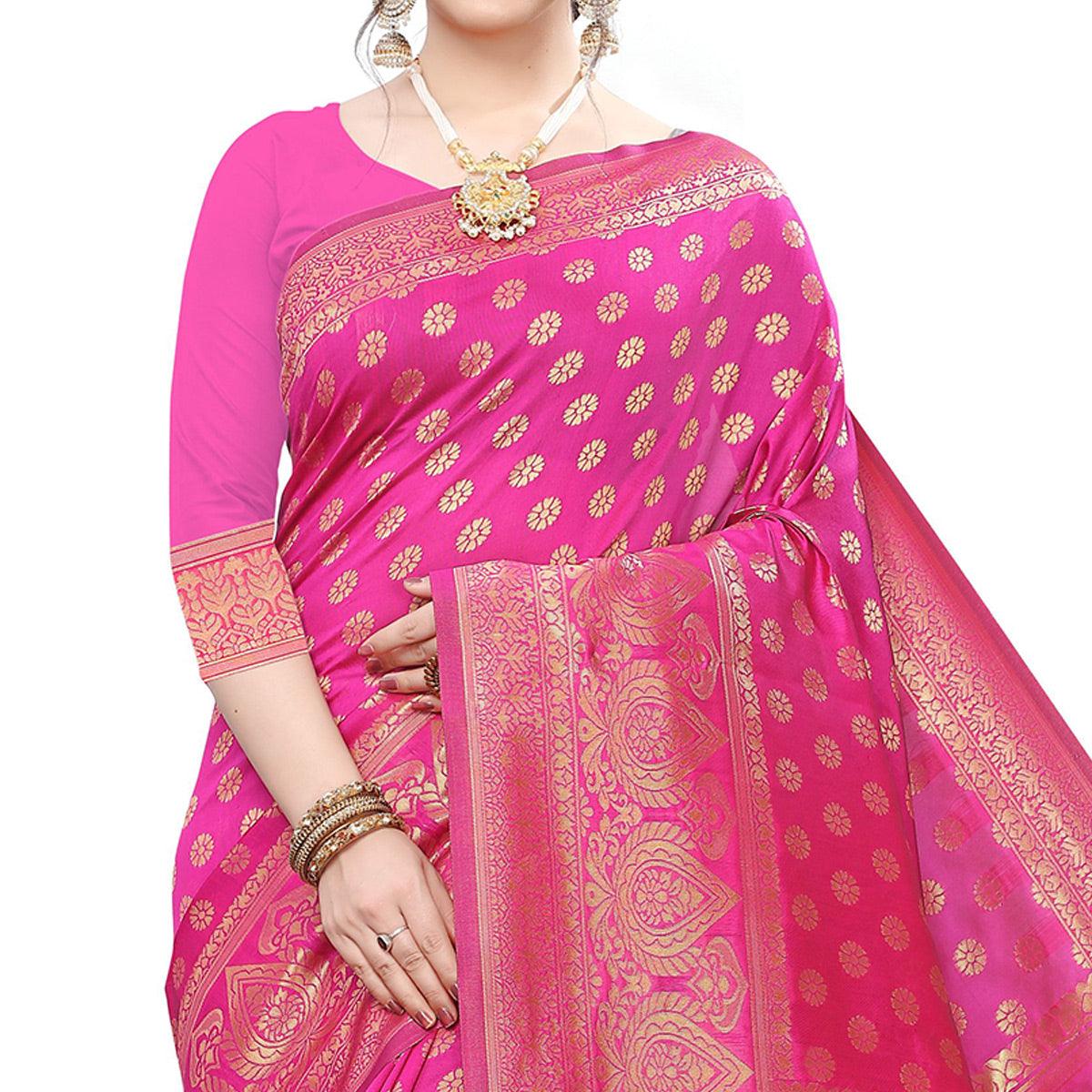 Flamboyant Pink Colored Festive Wear Woven Art Silk Saree - Peachmode