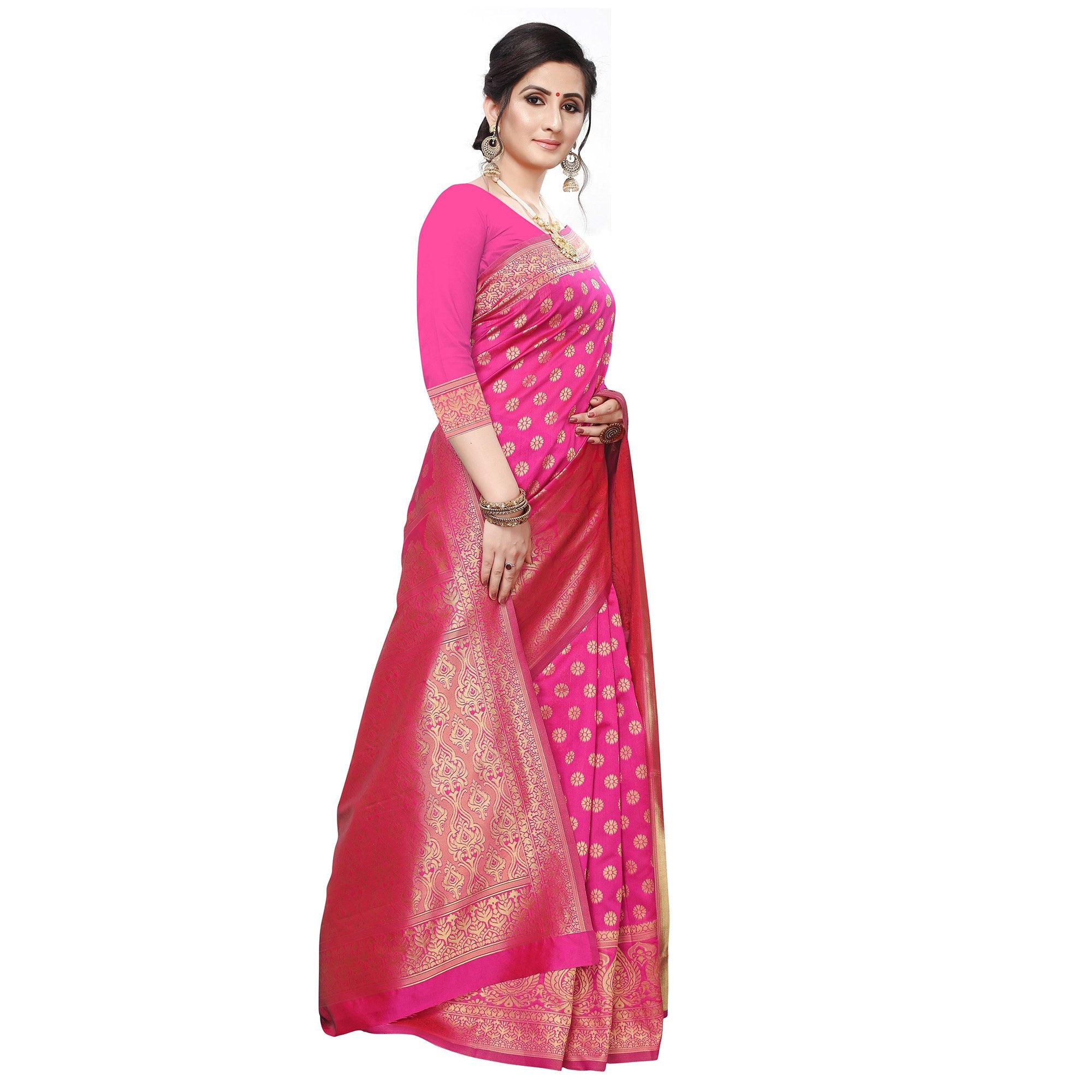 Flamboyant Pink Colored Festive Wear Woven Art Silk Saree - Peachmode