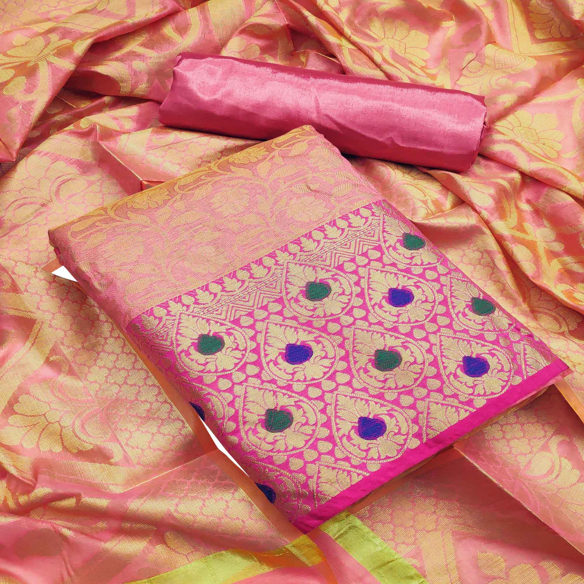 Flamboyant Pink Colored Festive Wear Woven Heavy Banarasi Silk Dress Material - Peachmode