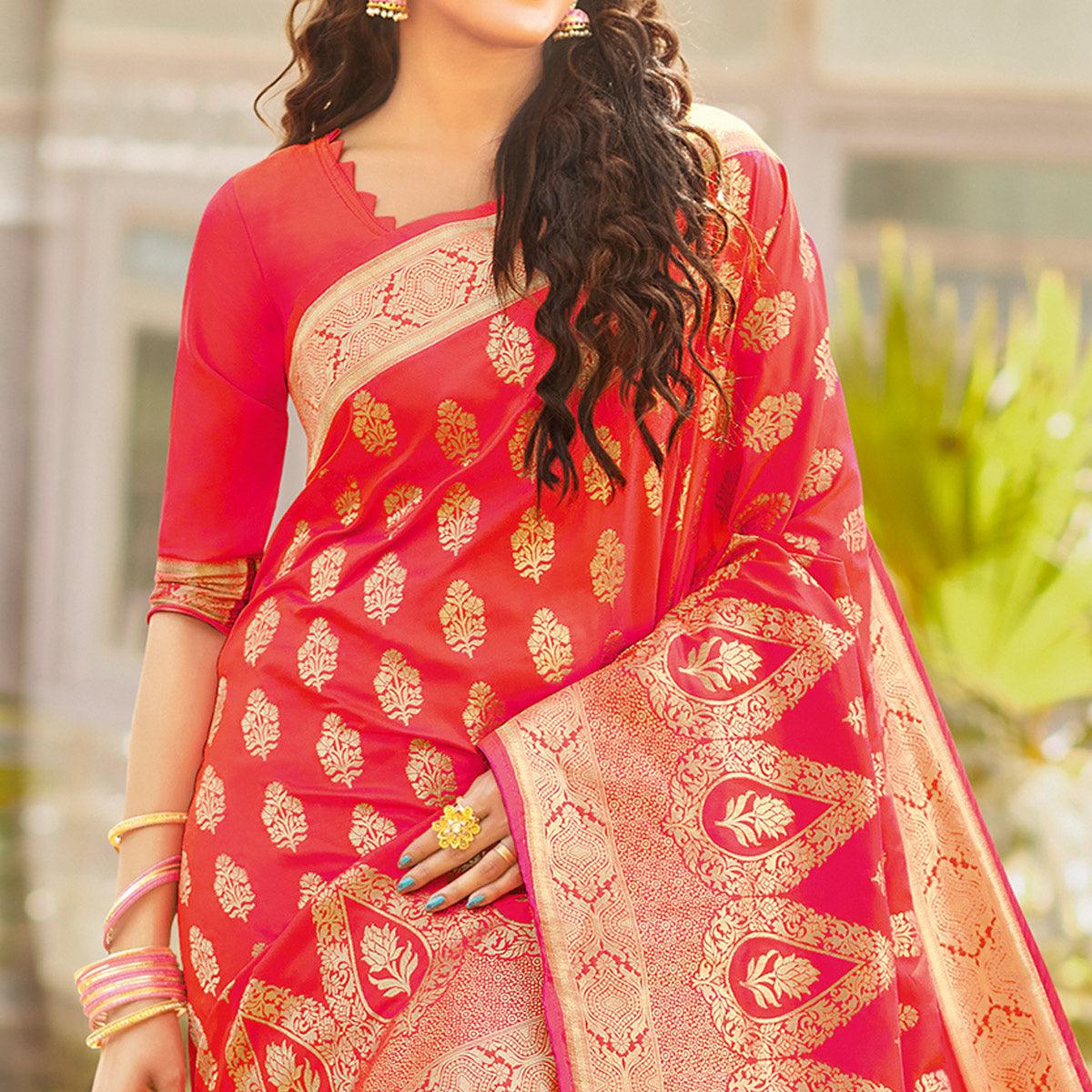Flamboyant Pink Colored Festive Wear Woven Silk Saree - Peachmode