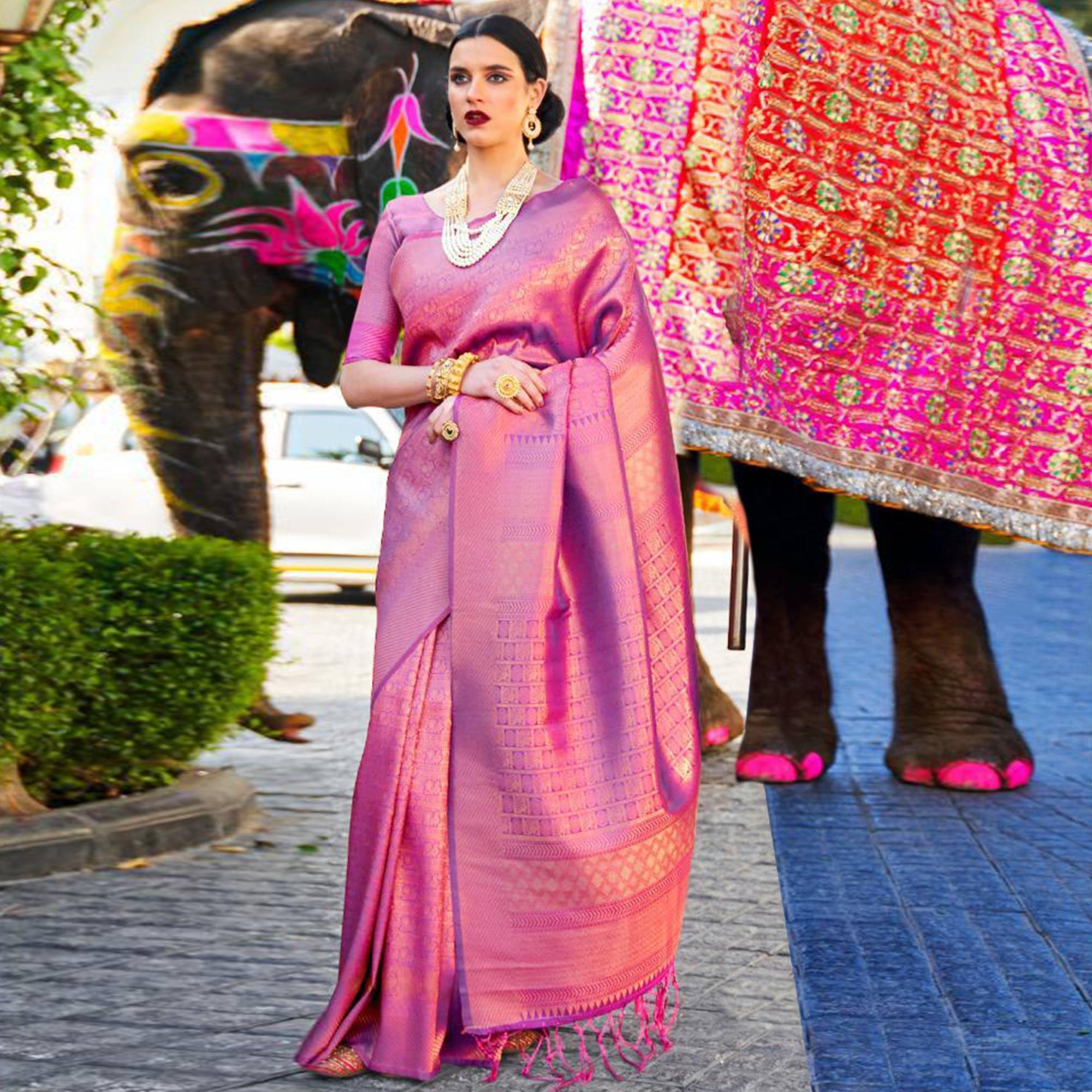 Flamboyant Purple Coloured Festive Wear Woven Silk Saree - Peachmode
