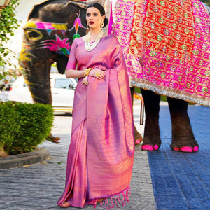 Flamboyant Purple Coloured Festive Wear Woven Silk Saree - Peachmode