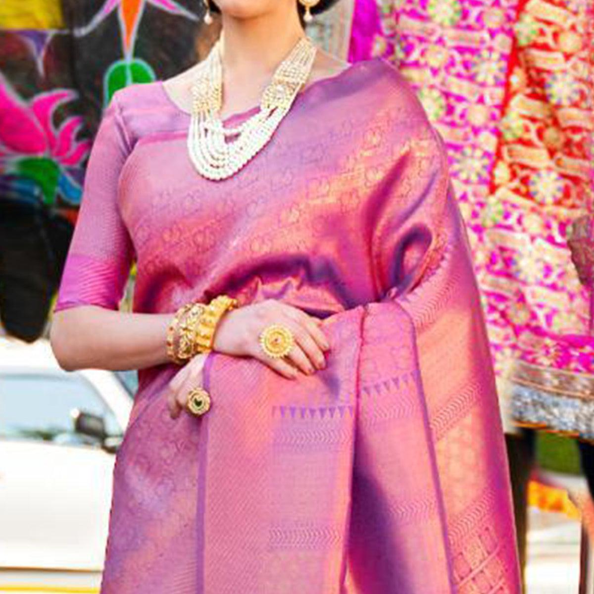 Flamboyant Purple Coloured Festive Wear Woven Silk Saree - Peachmode