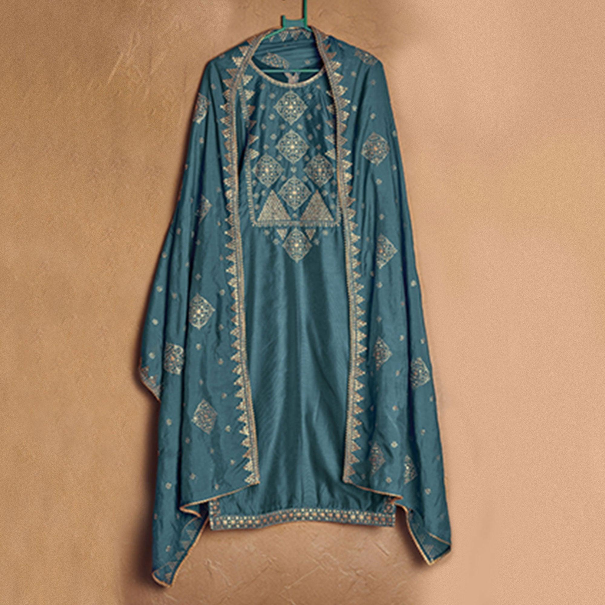 Flamboyant Sky Blue Colored Casual Wear Embroidered Pure Cotton Palazzo Suit - Peachmode