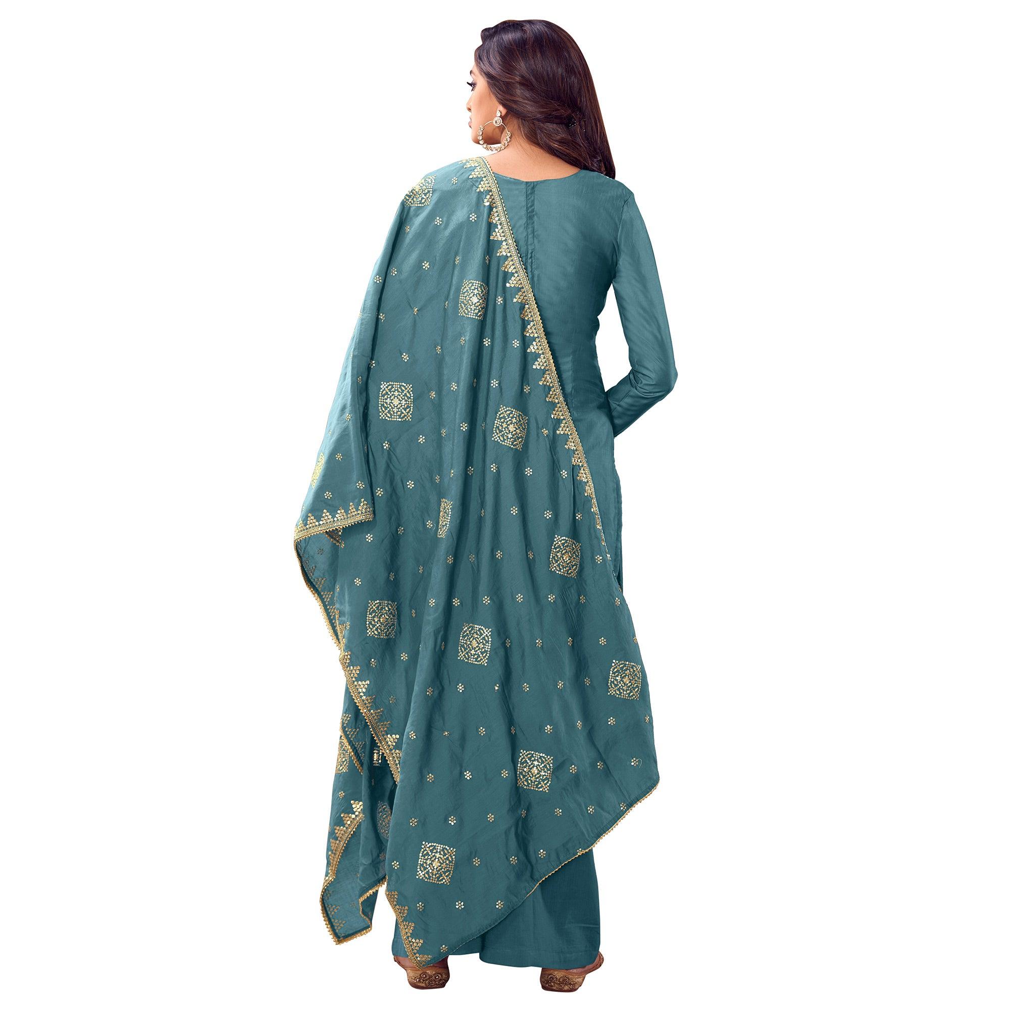 Flamboyant Sky Blue Colored Casual Wear Embroidered Pure Cotton Palazzo Suit - Peachmode