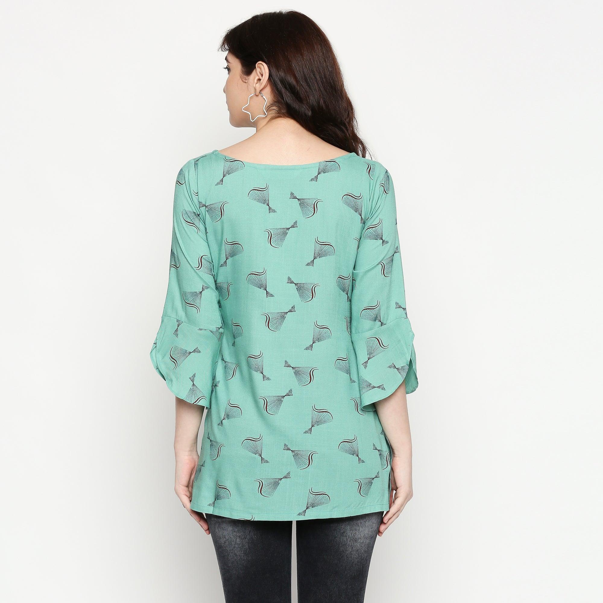 Flamboyant Turquoise Colored Casual Wear Printed Cotton Western Top - Peachmode