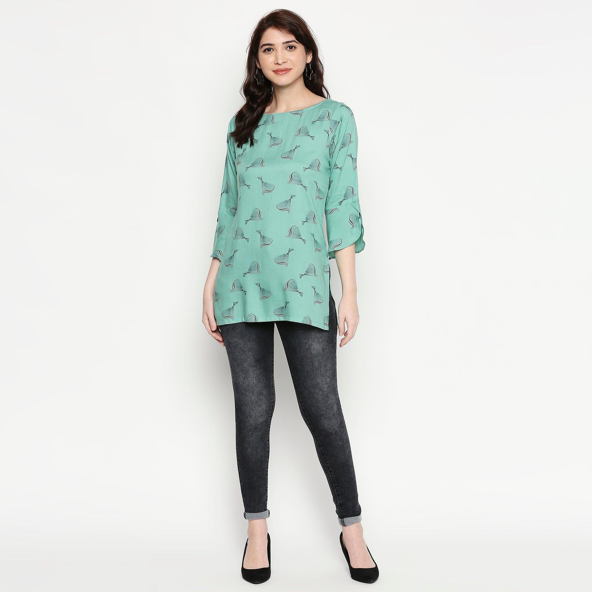 Flamboyant Turquoise Colored Casual Wear Printed Cotton Western Top - Peachmode