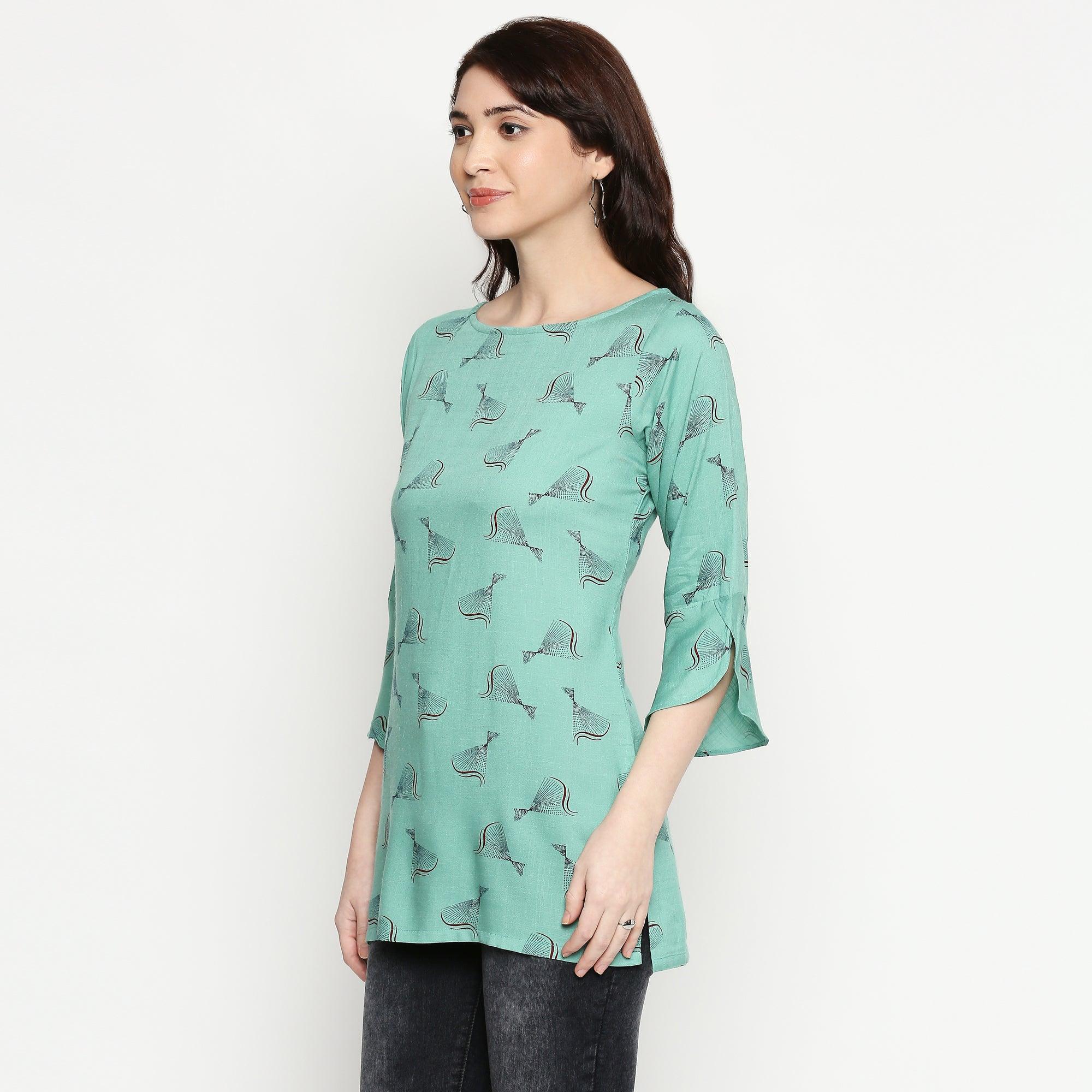 Flamboyant Turquoise Colored Casual Wear Printed Cotton Western Top - Peachmode