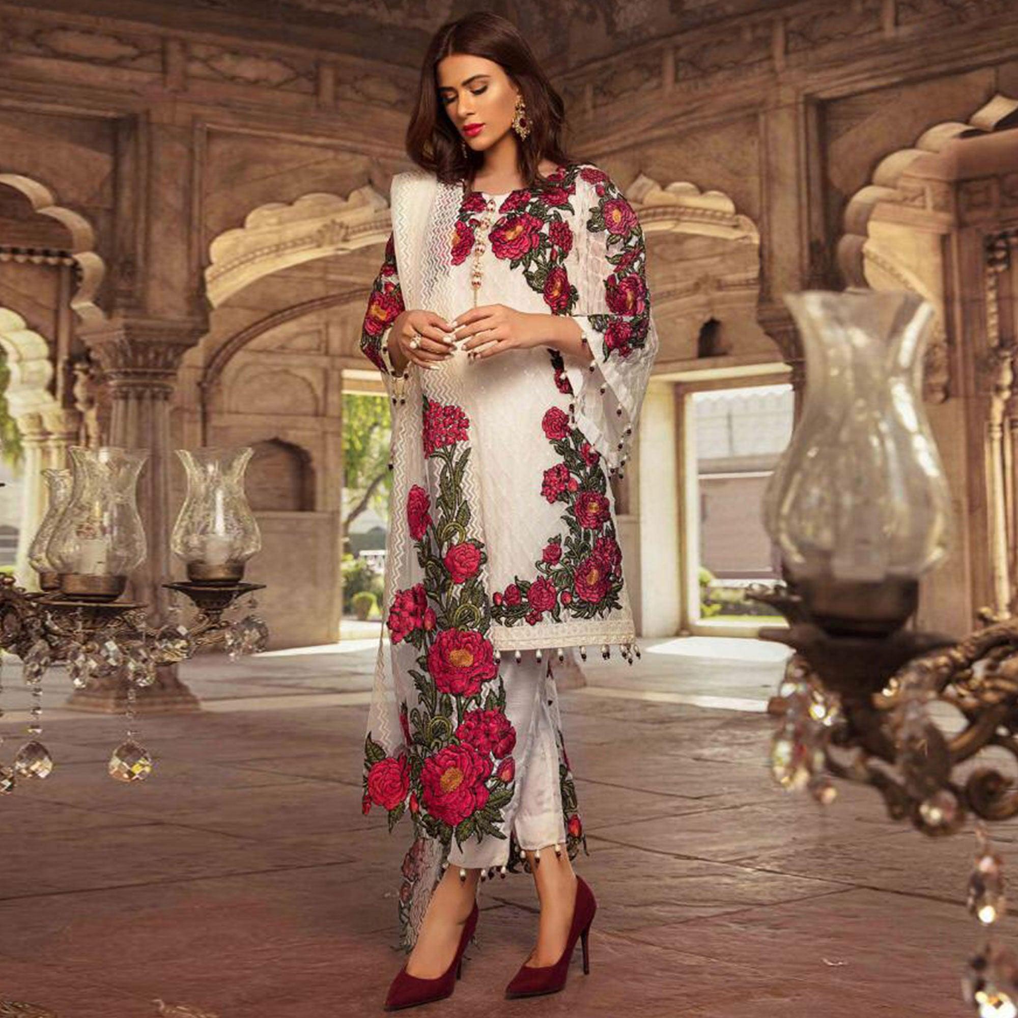 Flamboyant White Colored Partywear Embroidered Georgette Pant Style Suit - Peachmode