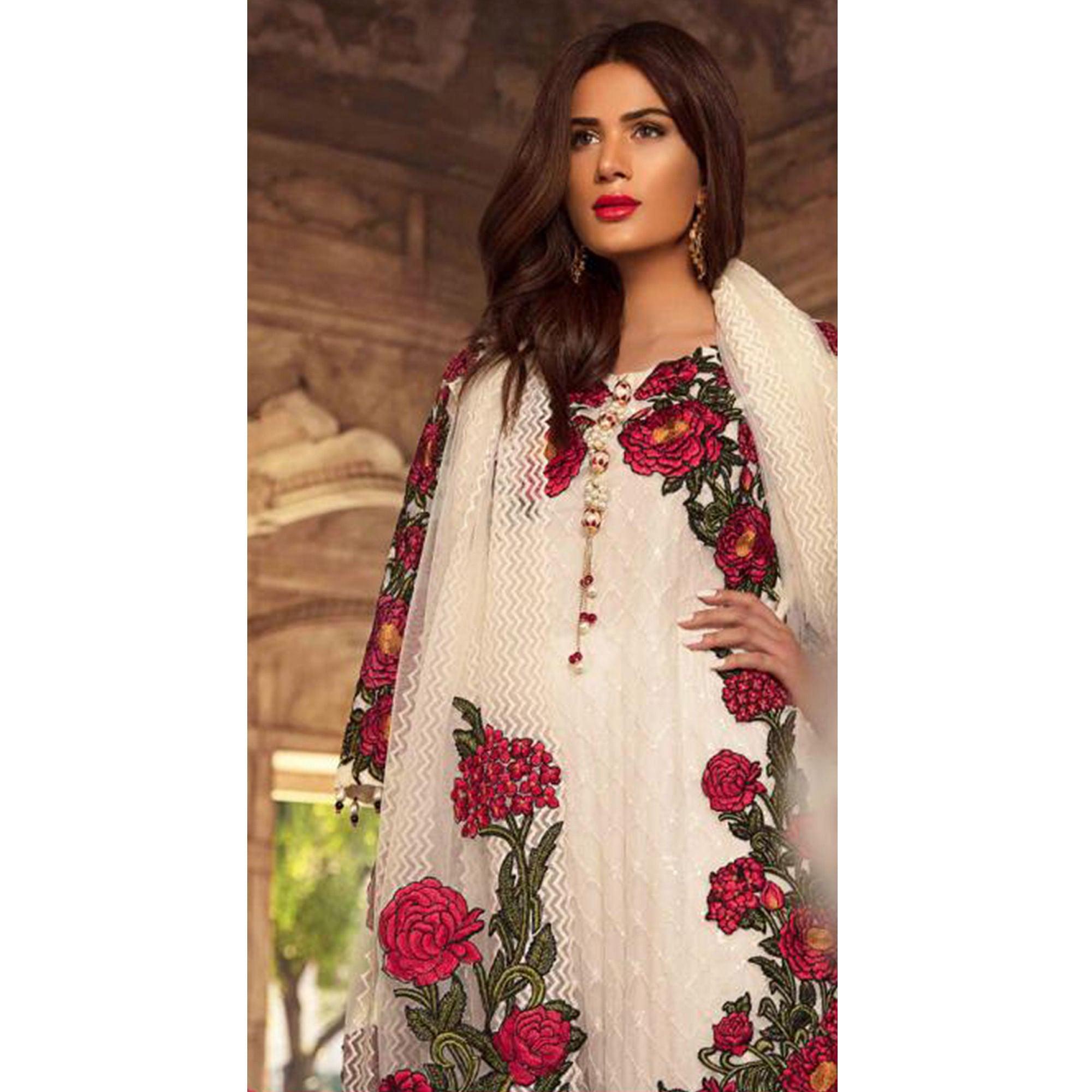 Flamboyant White Colored Partywear Embroidered Georgette Pant Style Suit - Peachmode