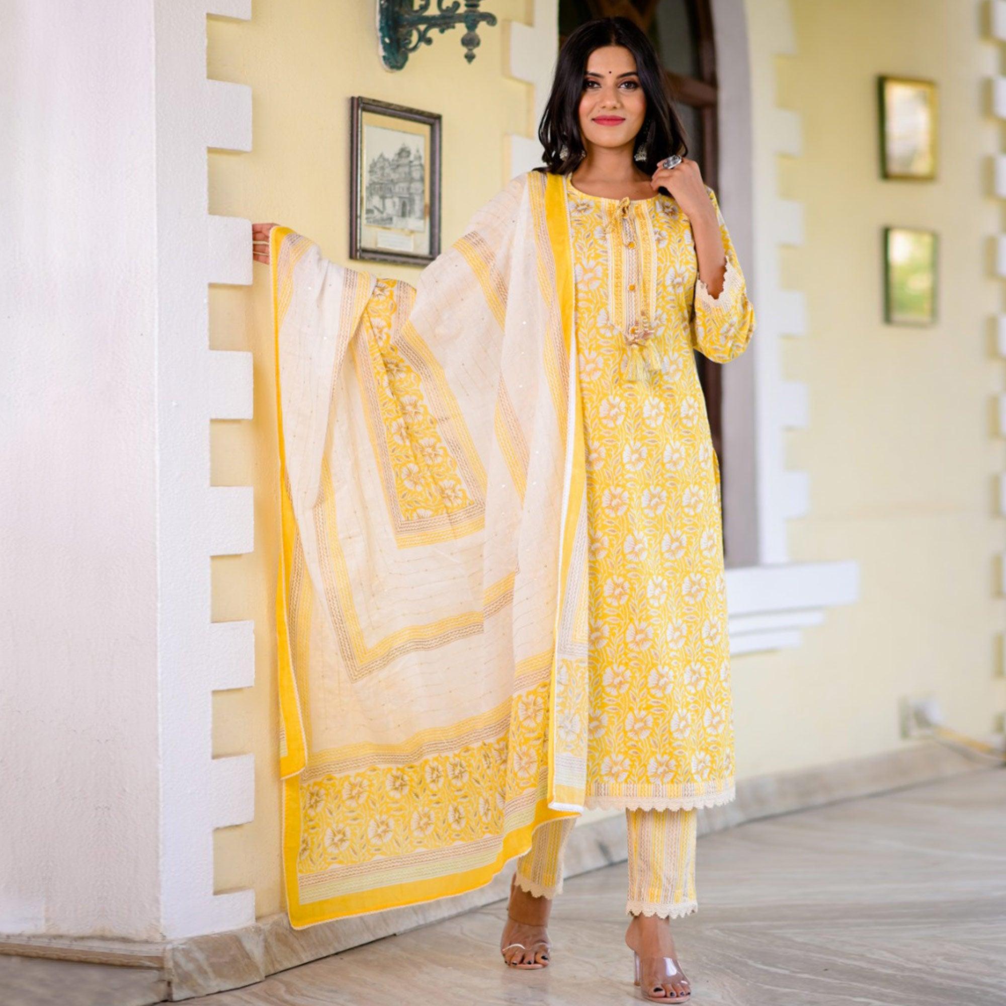 Flamboyant Yellow Colored Casual Printed Cotton Kurti Palazzo Set With Dupatta - Peachmode