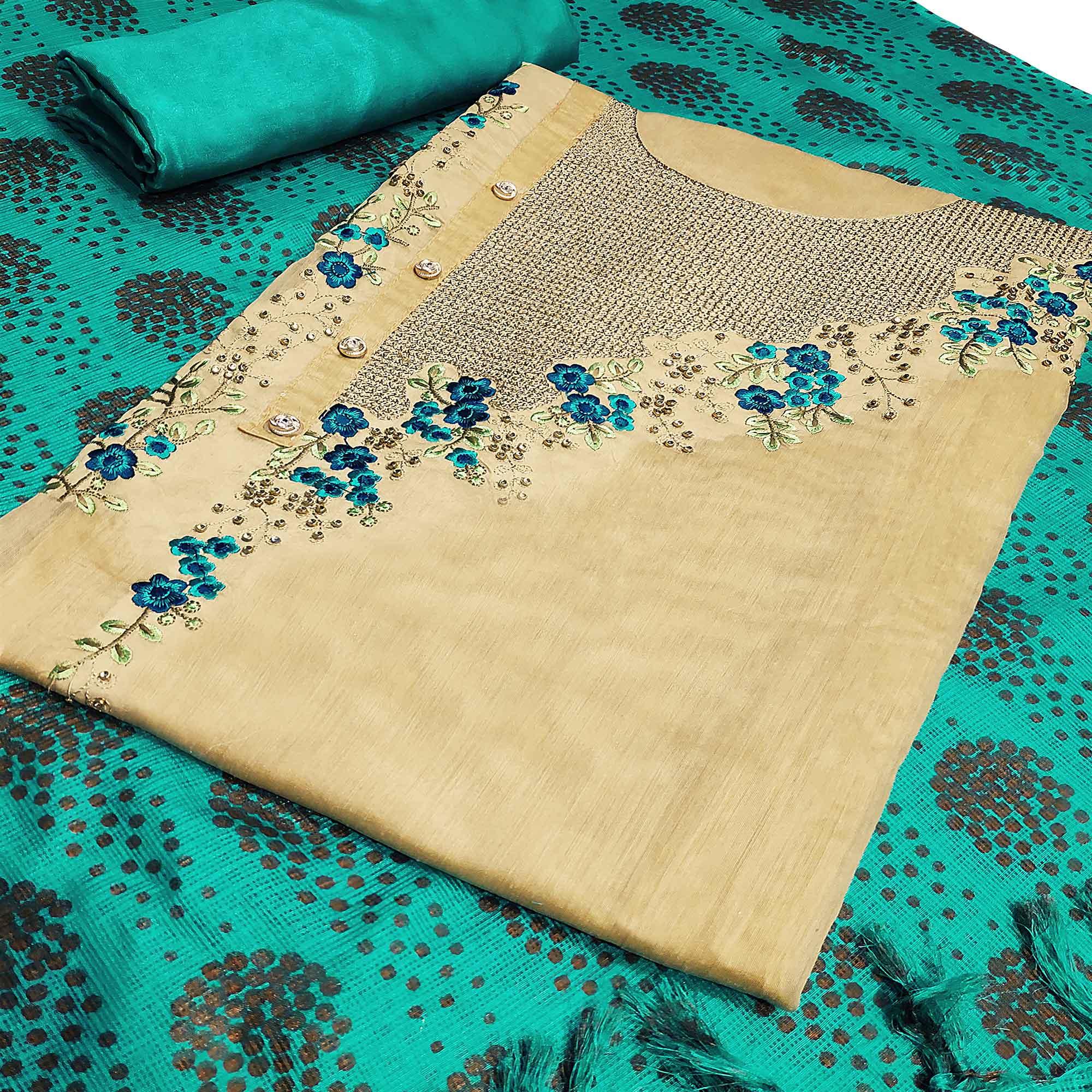 Flattering Beige-Aqua Blue Colored Casual Embroidered Modal Silk Dress Material - Peachmode