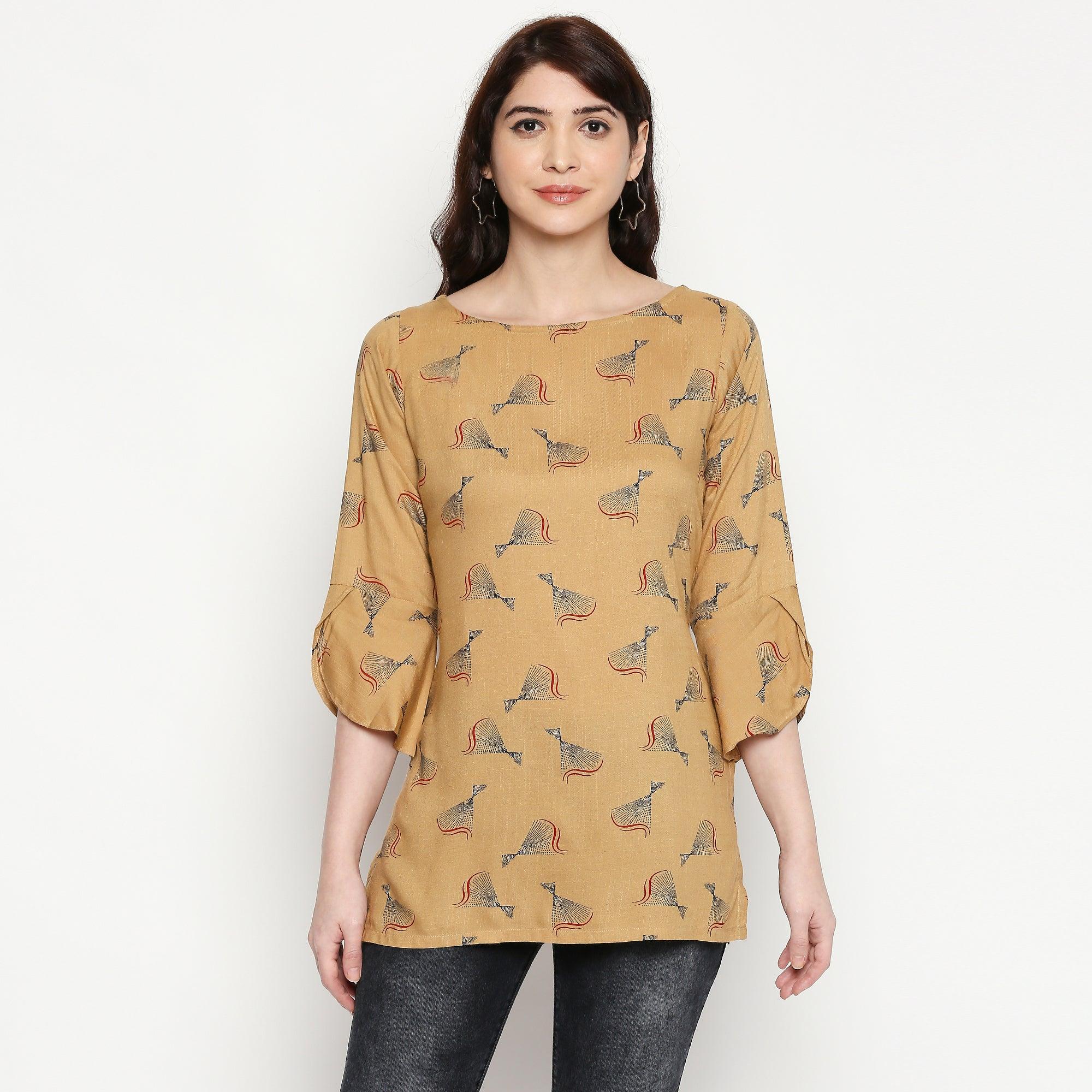Flattering Beige Colored Casual Wear Printed Cotton Western Top - Peachmode