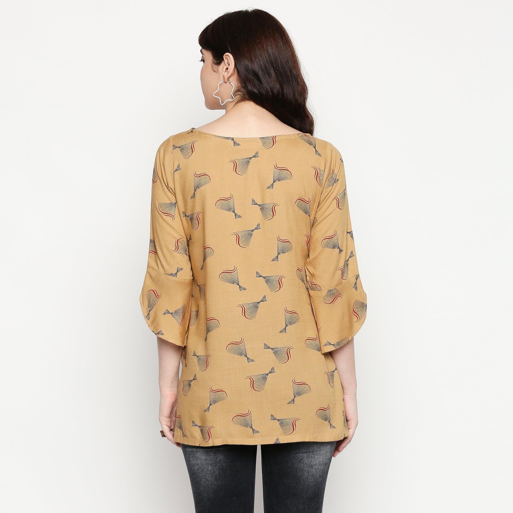 Flattering Beige Colored Casual Wear Printed Cotton Western Top - Peachmode