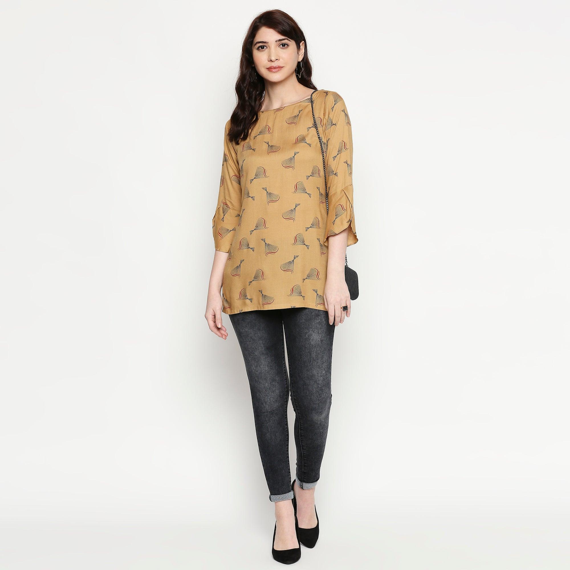 Flattering Beige Colored Casual Wear Printed Cotton Western Top - Peachmode